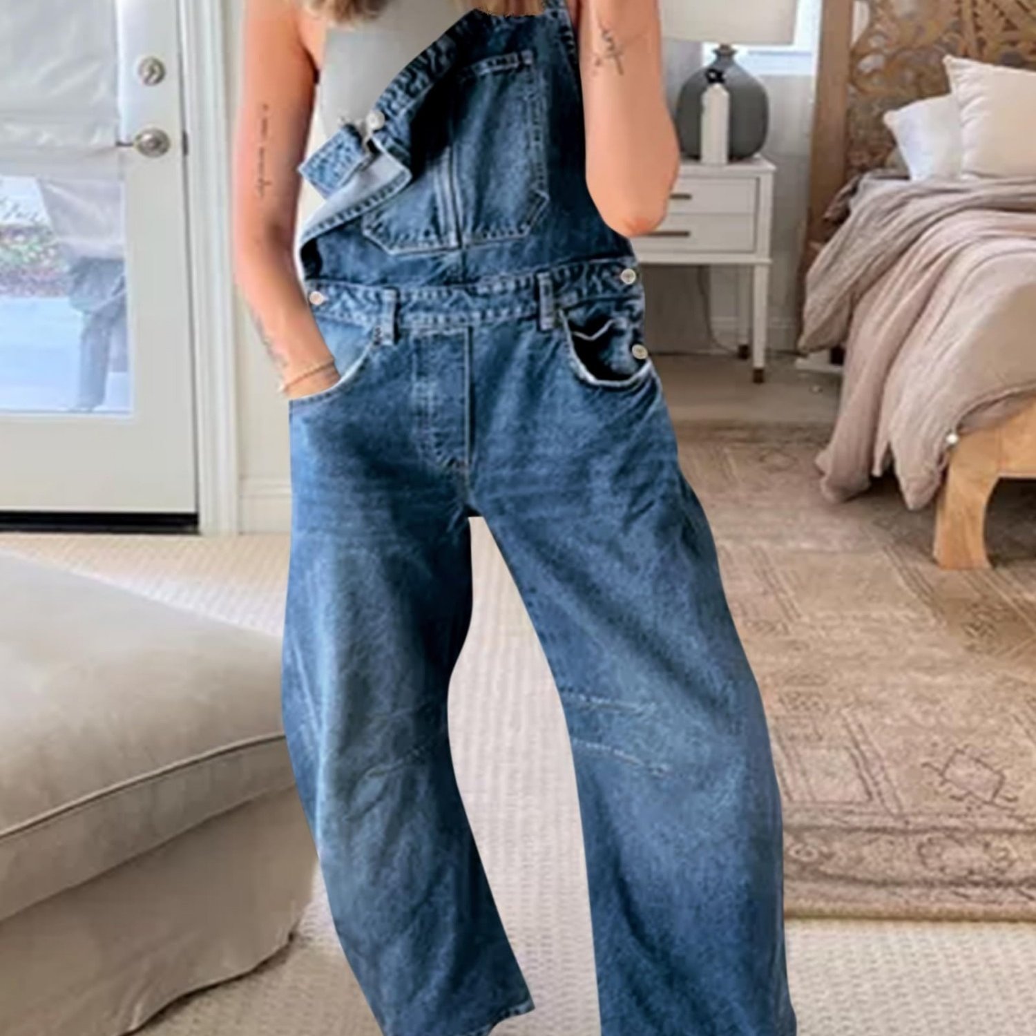 Women's Denim Bib Overalls - Leg Adjustable Straps Jean Jumpsuit With Pockets