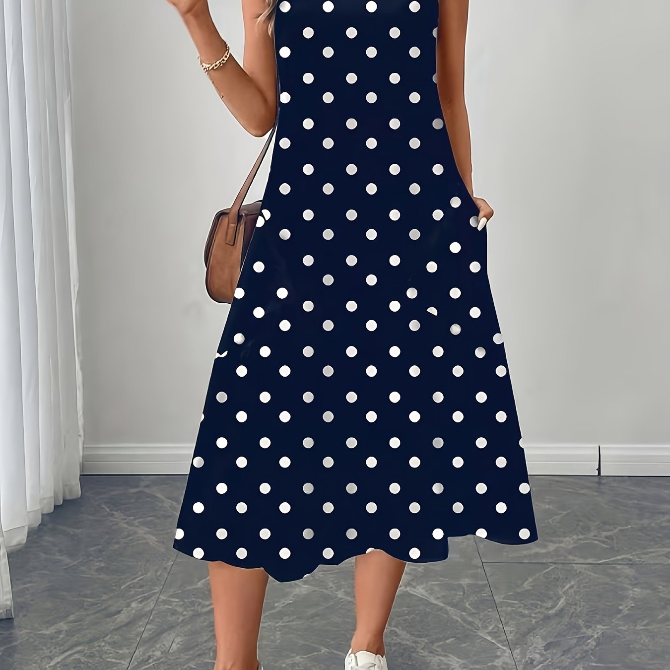 TEMU Women's Elegant Fashion Printed Loose Round Neck Polka Dot Dress