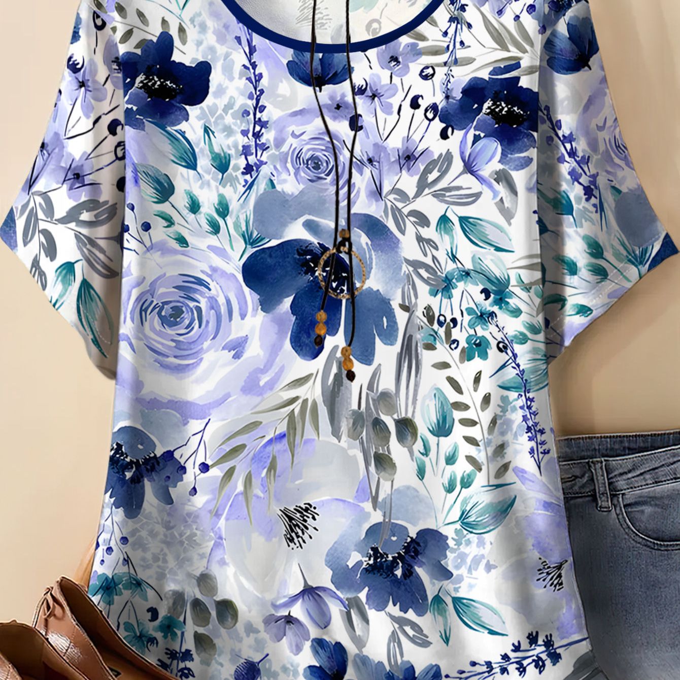 TEMU Plus Size Women' Blue-purple Floral Print Short Sleeve Top, Women's Summer Loose Fit, Simple, Elegant, And Versatile Style