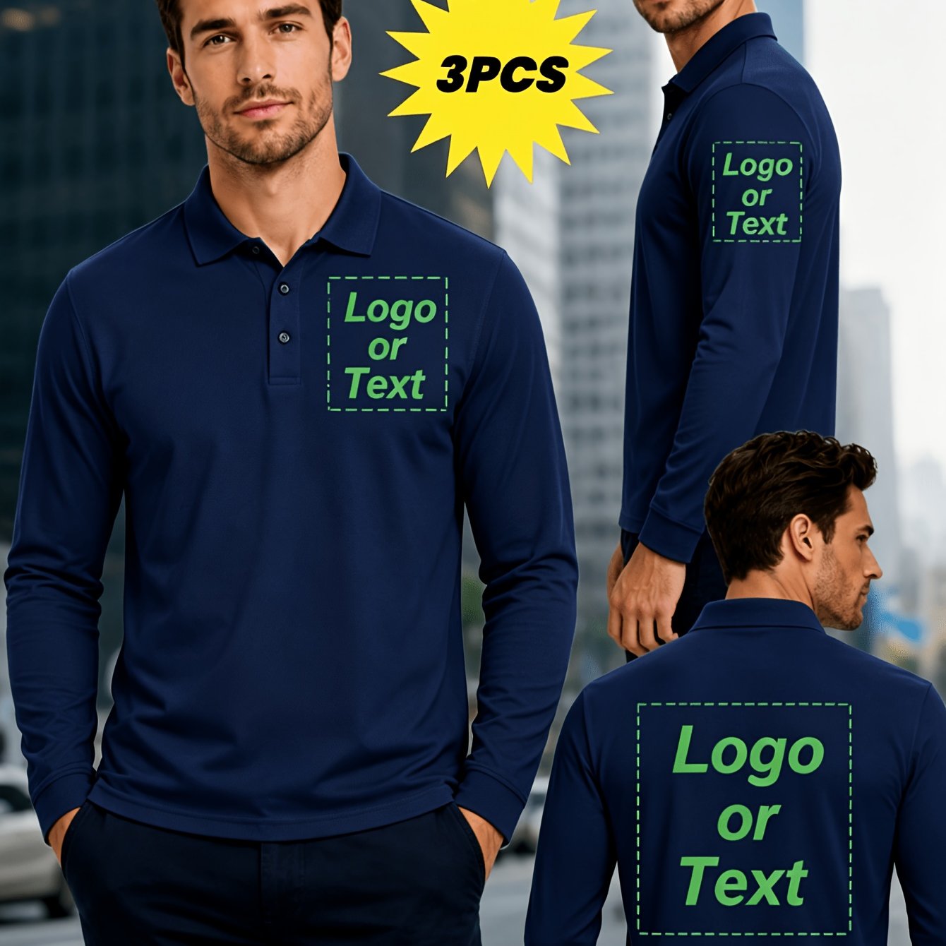 TEMU 3pcs Custom Men's Casual Lapel Long Sleeve Shirt, Chest/back/left Cuff Customizable Photo Logo Pattern, Breathable Comfortable Autumn