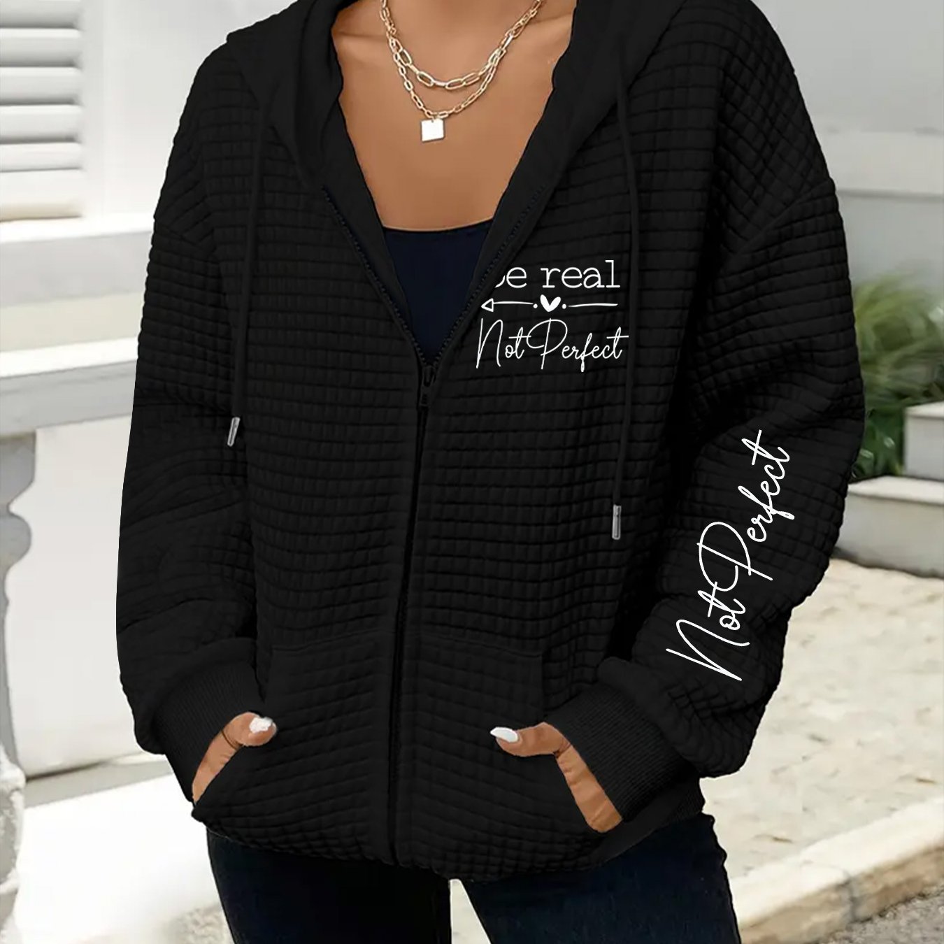 TEMU Plus Size, Women's Plus Size Oversized Waffle- Hooded Jacket With Hood - Casual Zip-up Sweatcoat, Pockets & Waffle Texture, - Outerwear (machine