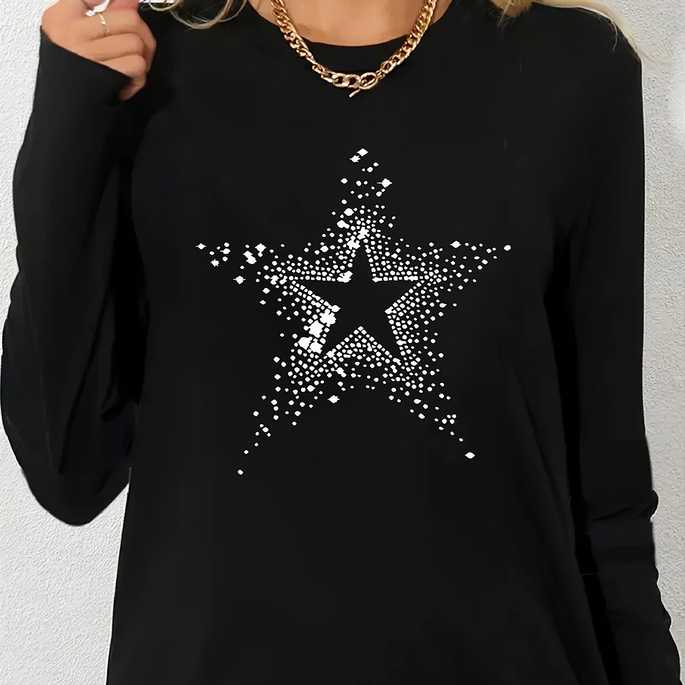 TEMU Plus Size, Women's Plus Size Long Sleeved T-shirt- Black Top, Design, Casual Daily And Party Wear, Women's Machine Washable Daily And Special