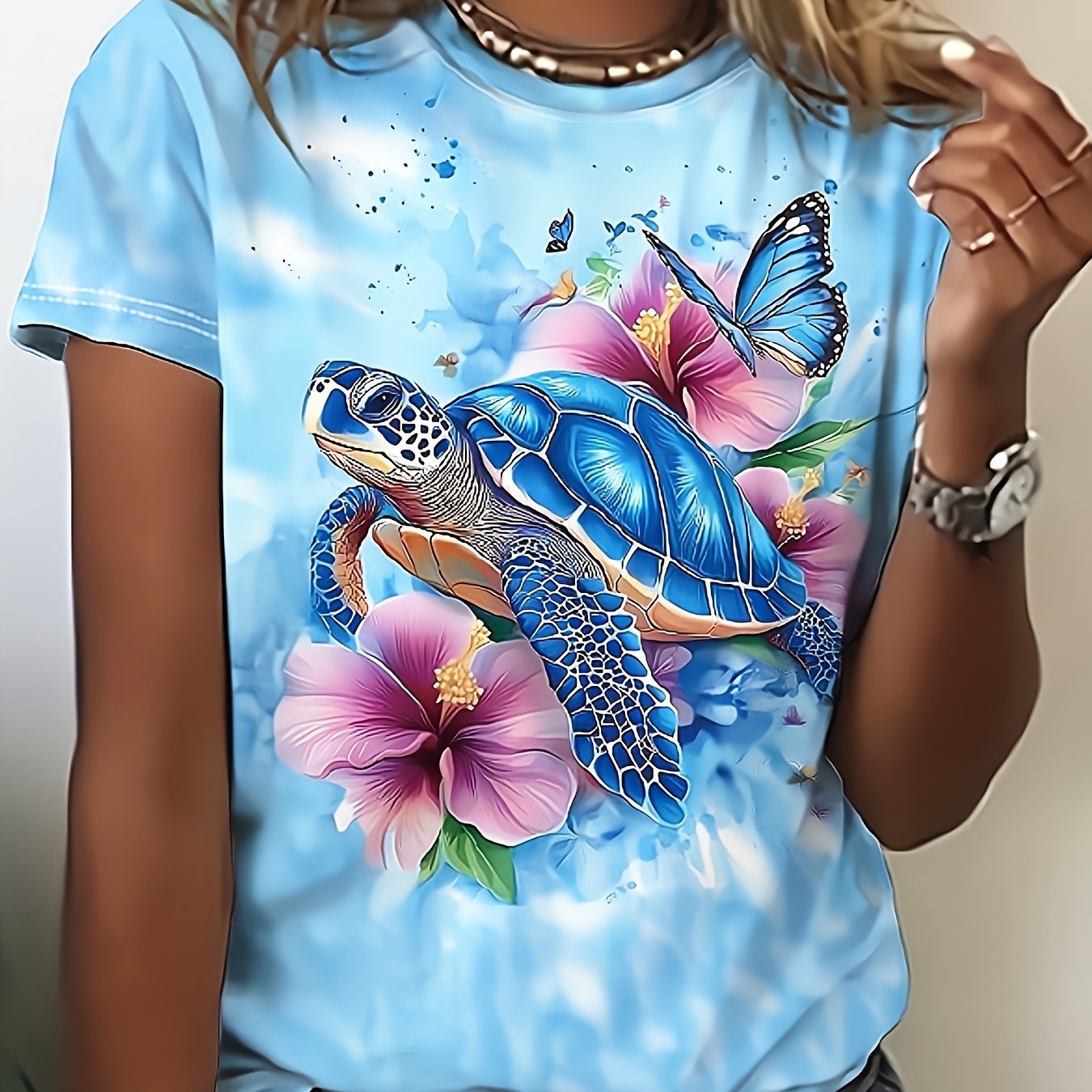 TEMU Women's Casual Loose-fit Short-sleeve T-shirt, Simple And Trendy Style, Ocean-themed Sea Turtle, Floral, And Print Top, Fresh And, [print Design