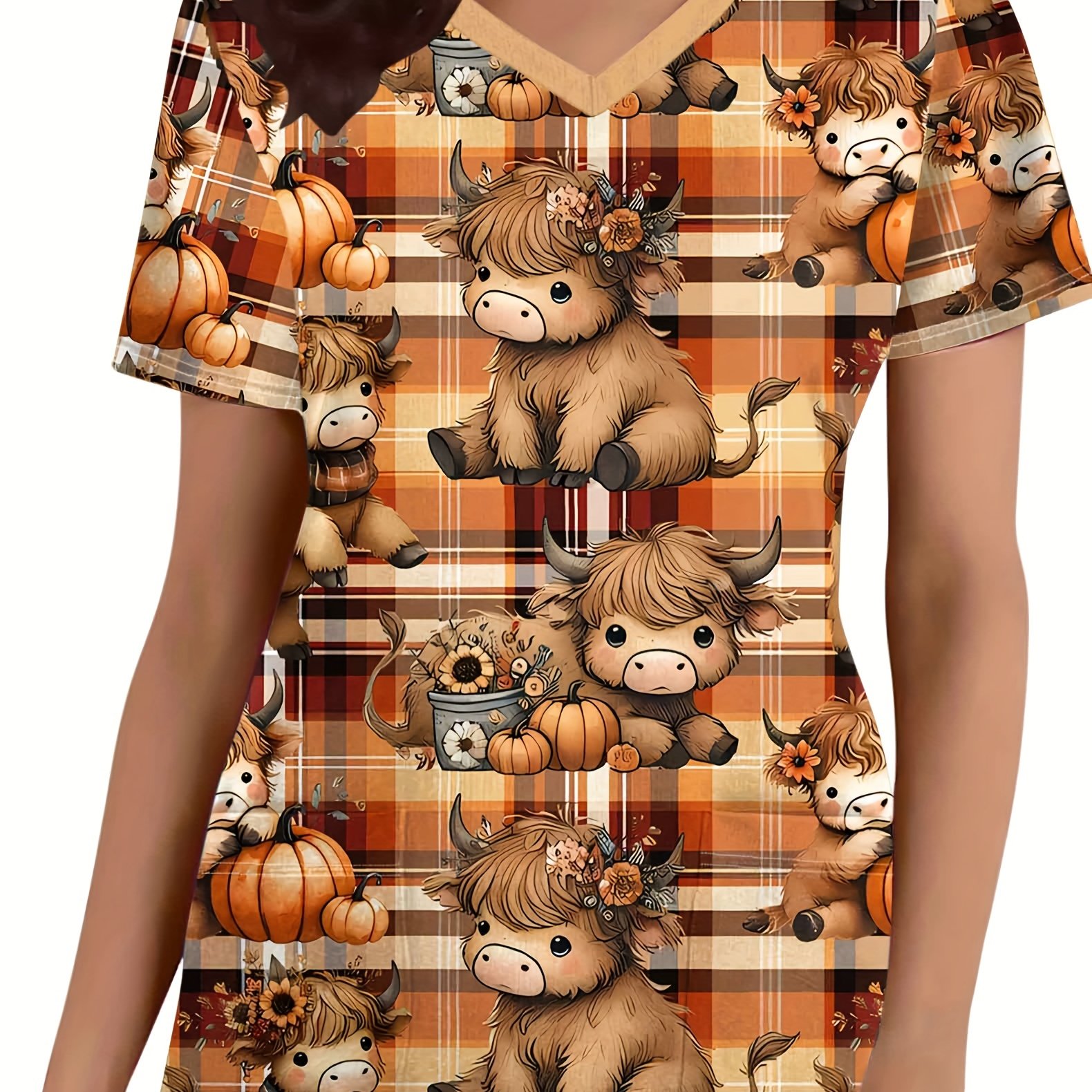 TEMU Thanksgiving Women's T-shirt, Thanksgiving Cow Print V-neck Short Sleeve, Vintage Women's T-shirt, Functional Women' Top, Thanksgiving Gift