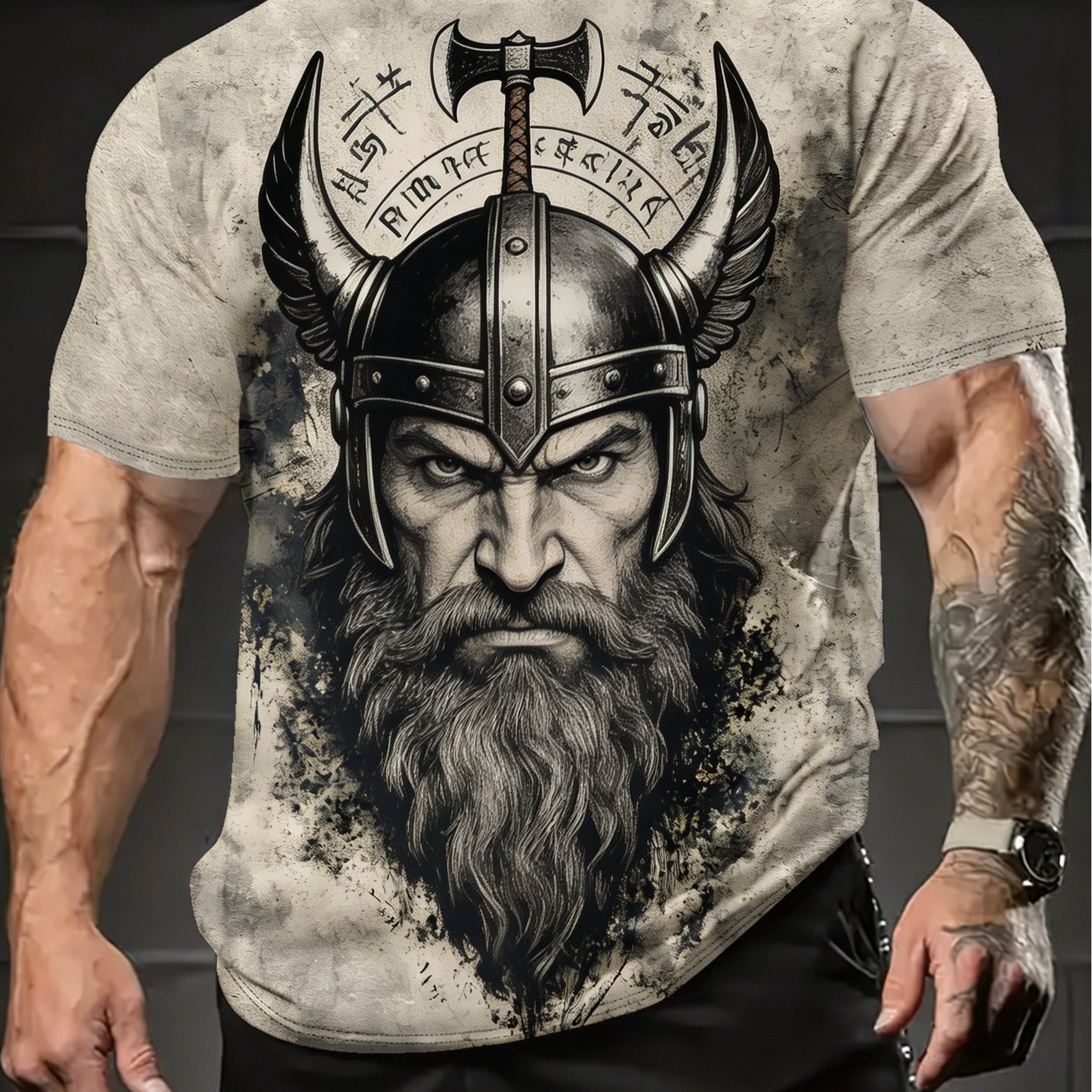 TEMU [printeddesign-nottextured] Retro Print Short Sleeve T-shirt, Nordic Mythology Style Plus Size Men's Short Sleeve T-shirt, Plus Size Loose Fit