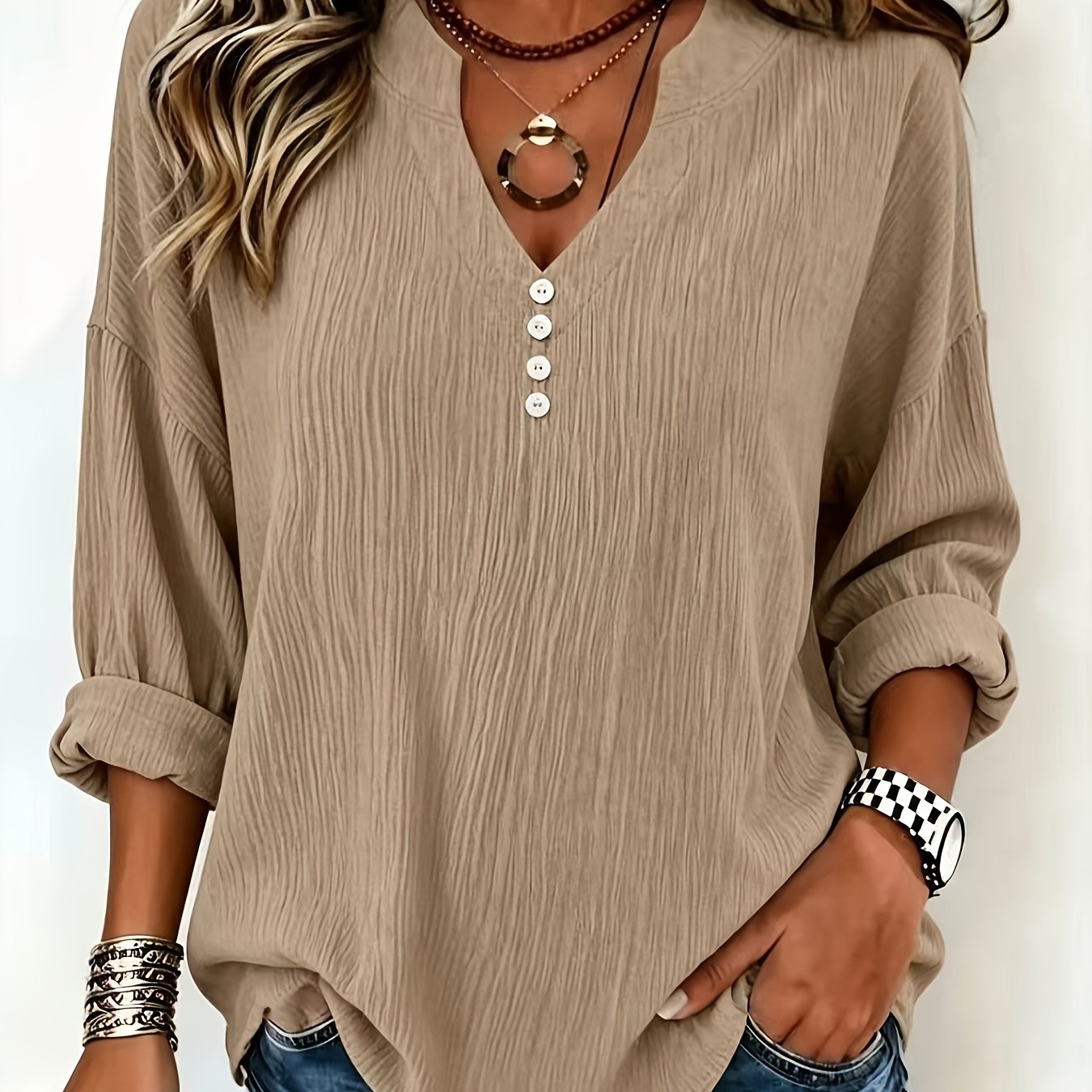 TEMU Elegant Directional Women's Off-shoulder Sleeve Button-up Solid Color Casual T-shirt, Spring And Autumn