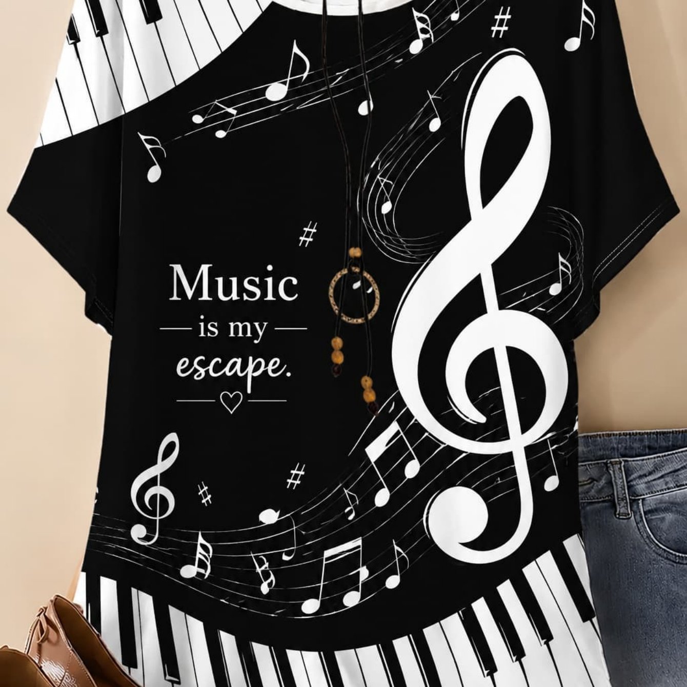 TEMU Plus Size Women's T-shirt Music Piano Notes Treble Clef Keys Escape High Elasticity And Music Notes Piano Keys Lightweight Machine Washable Soft