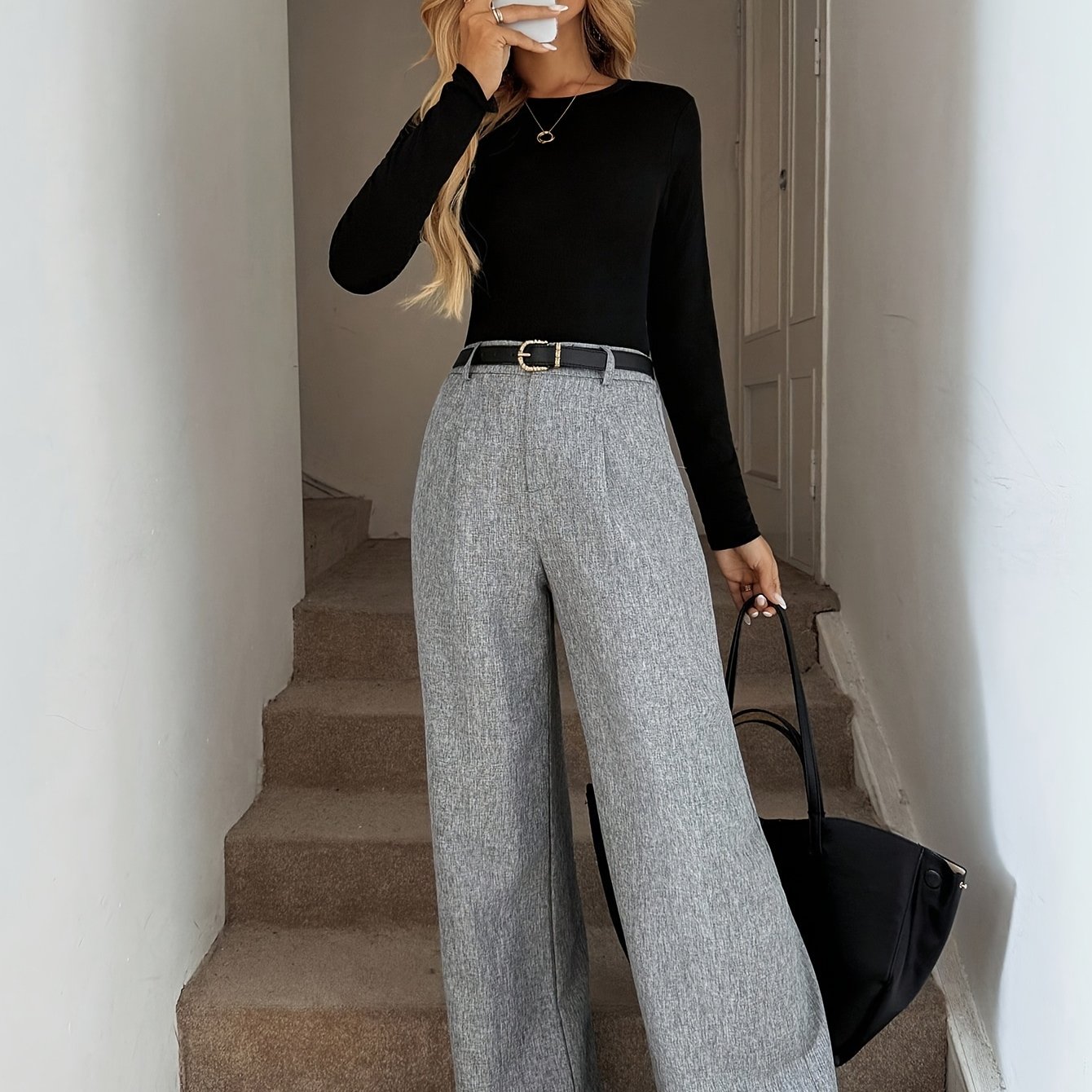 TEMU Pantalon de costume décontracté à coupe et jambe large pour femme