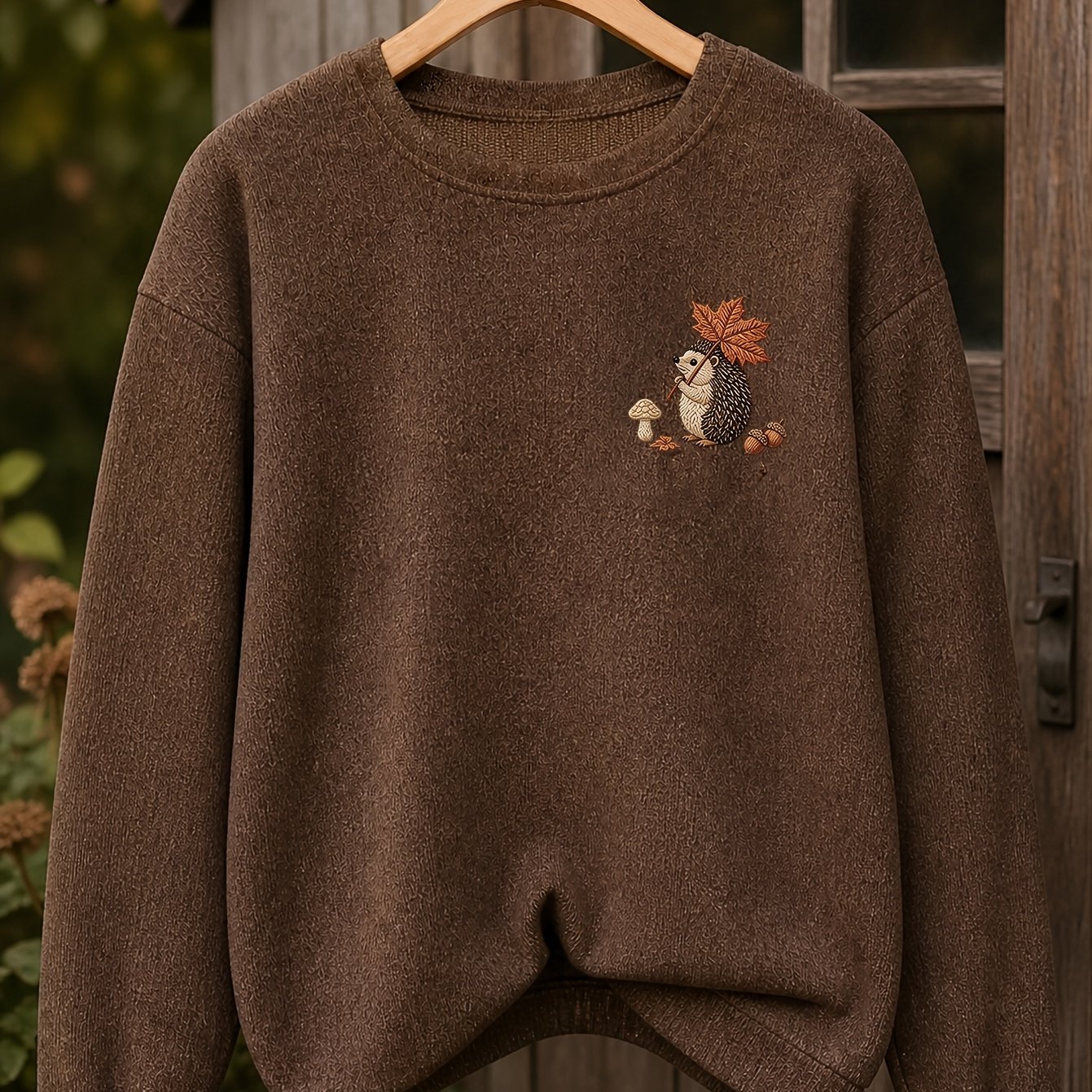 TEMU Women's Fashion Casual Long Sleeve Top, Autumn Maple Leaf Little Hedgehog Mushroom Nut Print Loose Versatile Round Neck Pullover Sweater