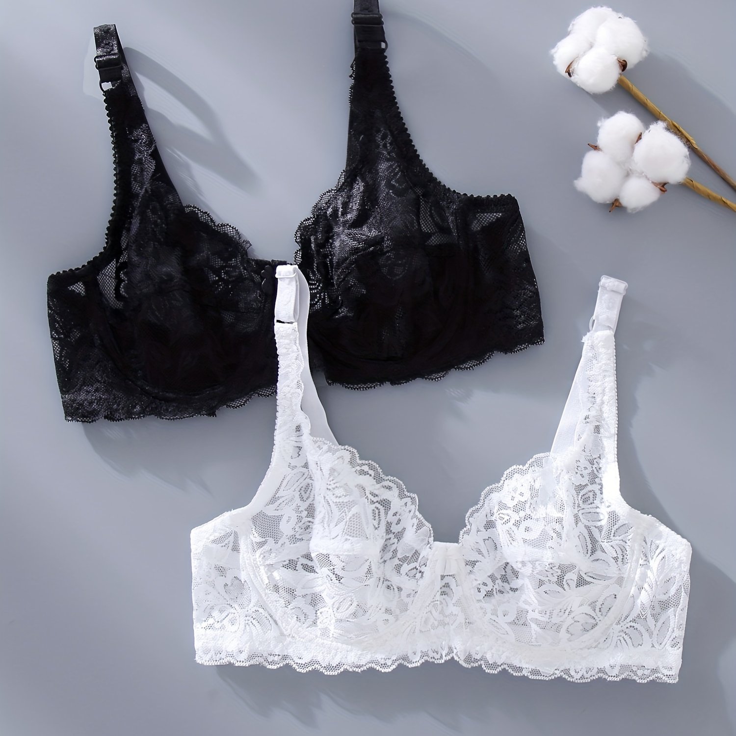 TEMU 1a-2-pack Full Lace Bras | , Solid Color, Front Bow Detail, Plunge Type, Medium Support, Underwire