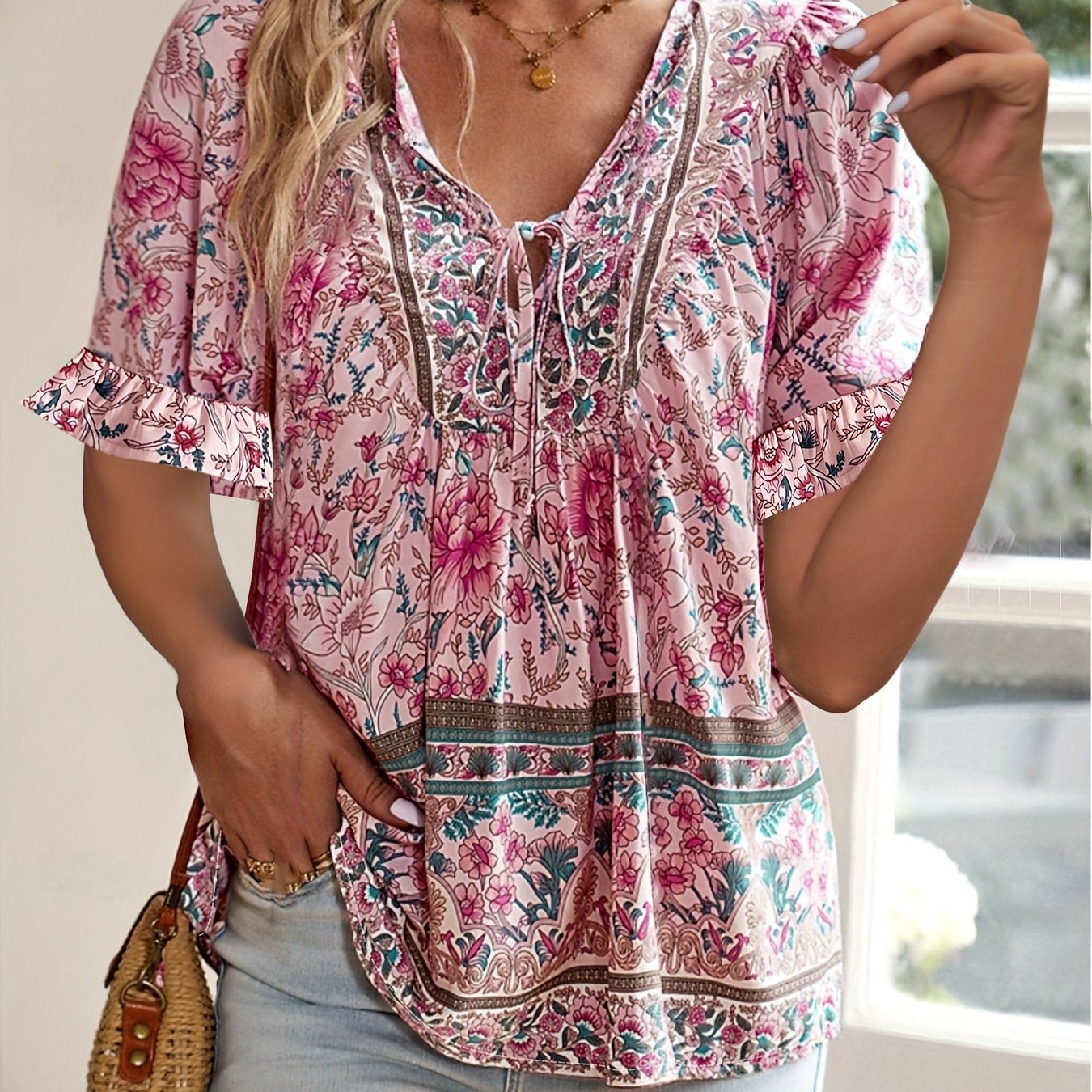 E-shop Boho-Chic Übergröße Bluse mit Blumenmuster und Laternenärmeln & Kordelzug-Detail - Leichtes Polyester, Maschinenwaschbar, für Frühling/Sommer