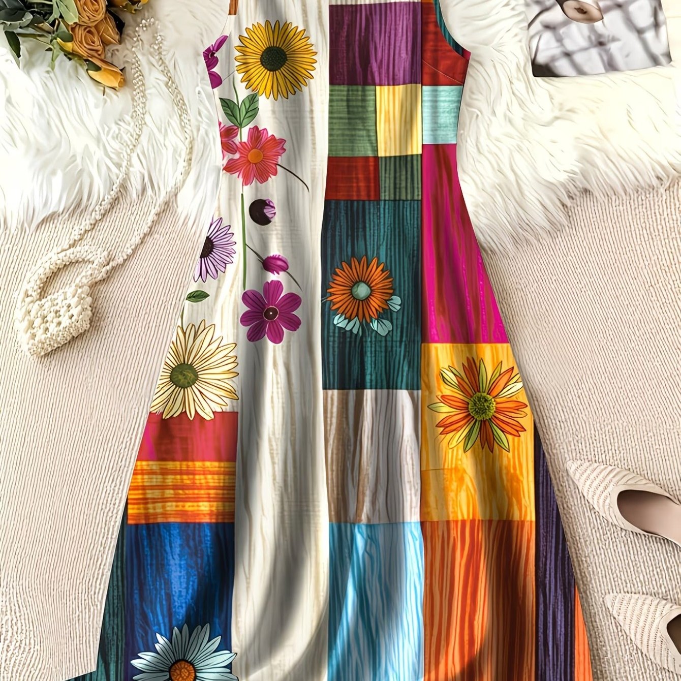 TEMU Women's Round Neck Sleeveless Long Midi Dress Color Block Striped Sunflower Daisy Print, Lightweight Loose Swing Dress For Farm Countryside