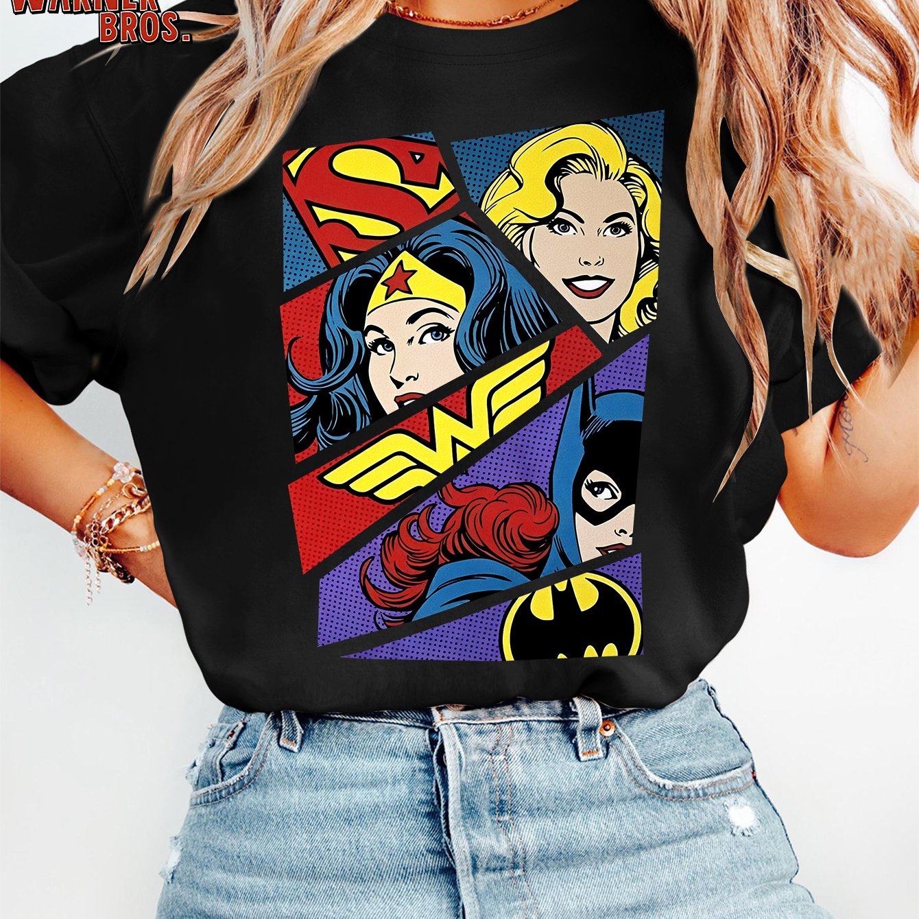 TEMU Authentic Women's Summer T-shirt, Superhero Collection Comic- With Cartoon Characters, Nostalgic Style, Round Neck Short Sleeve Tee, Classic 90s