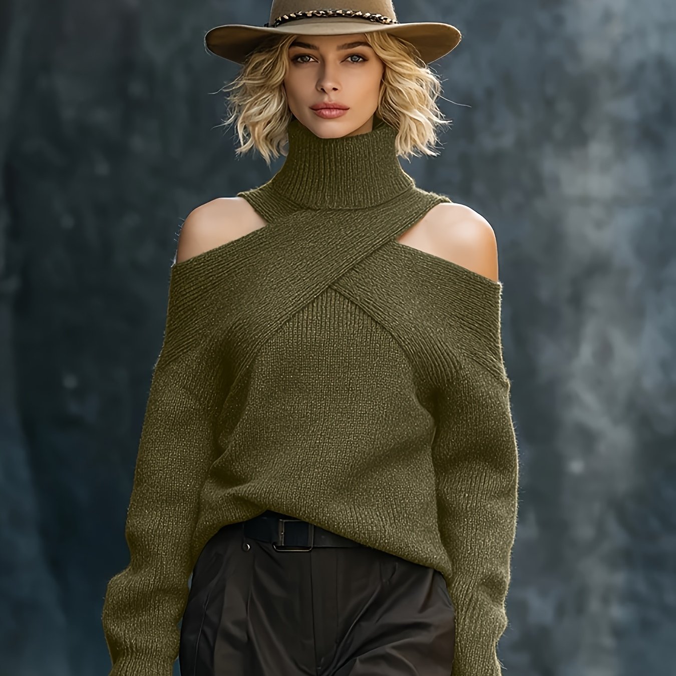 TEMU Pull femme haut de gamme automne/hiver, col , vert uni, nu-épaule et de cou, haut en tissu nu-épaule, pull exquisément chic