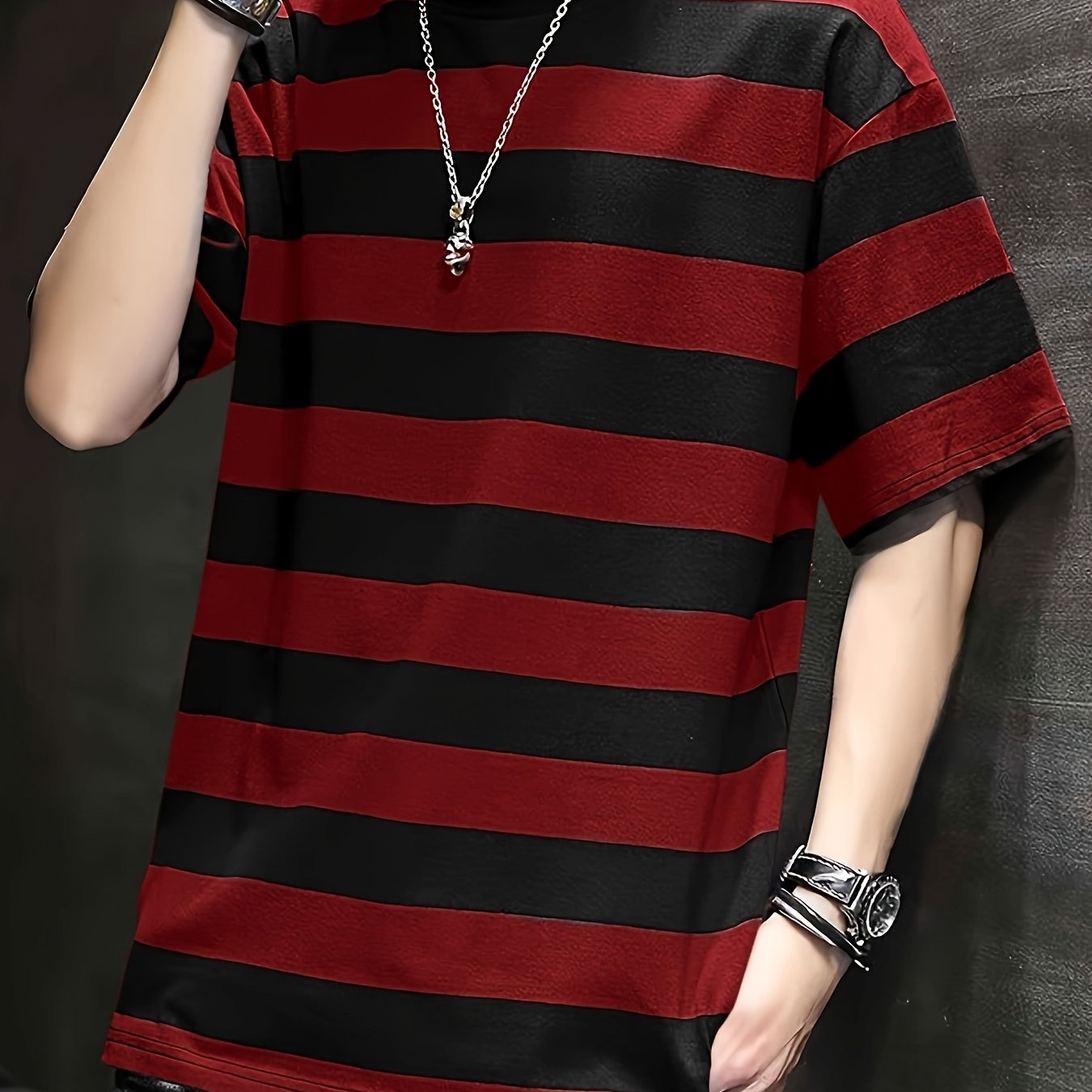 TEMU Summer Men's Loose Casual Striped T-shirt Short Sleeve Top