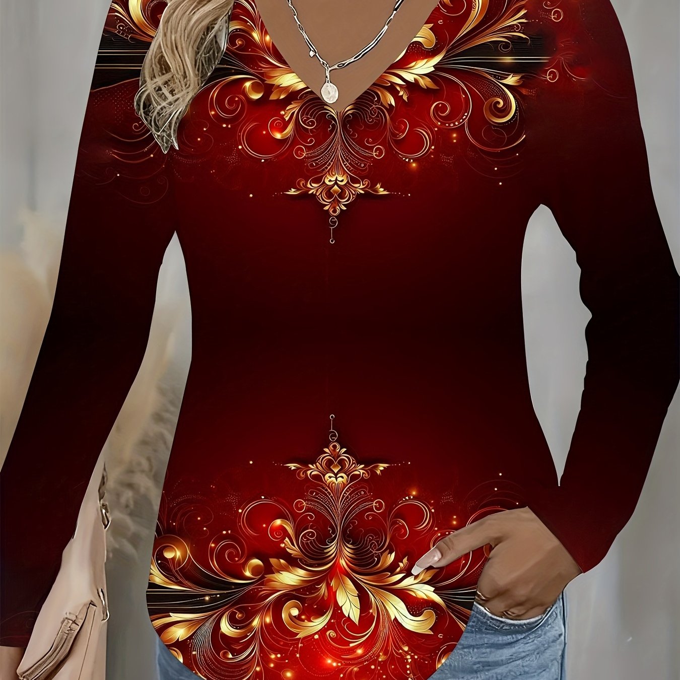 TEMU Women's Elegant 3d V-neck Long Sleeve T-shirt- Red And Golden Full Print Top With Luxurious Chinese Pattern(cheongsam Style), Machine Washable,