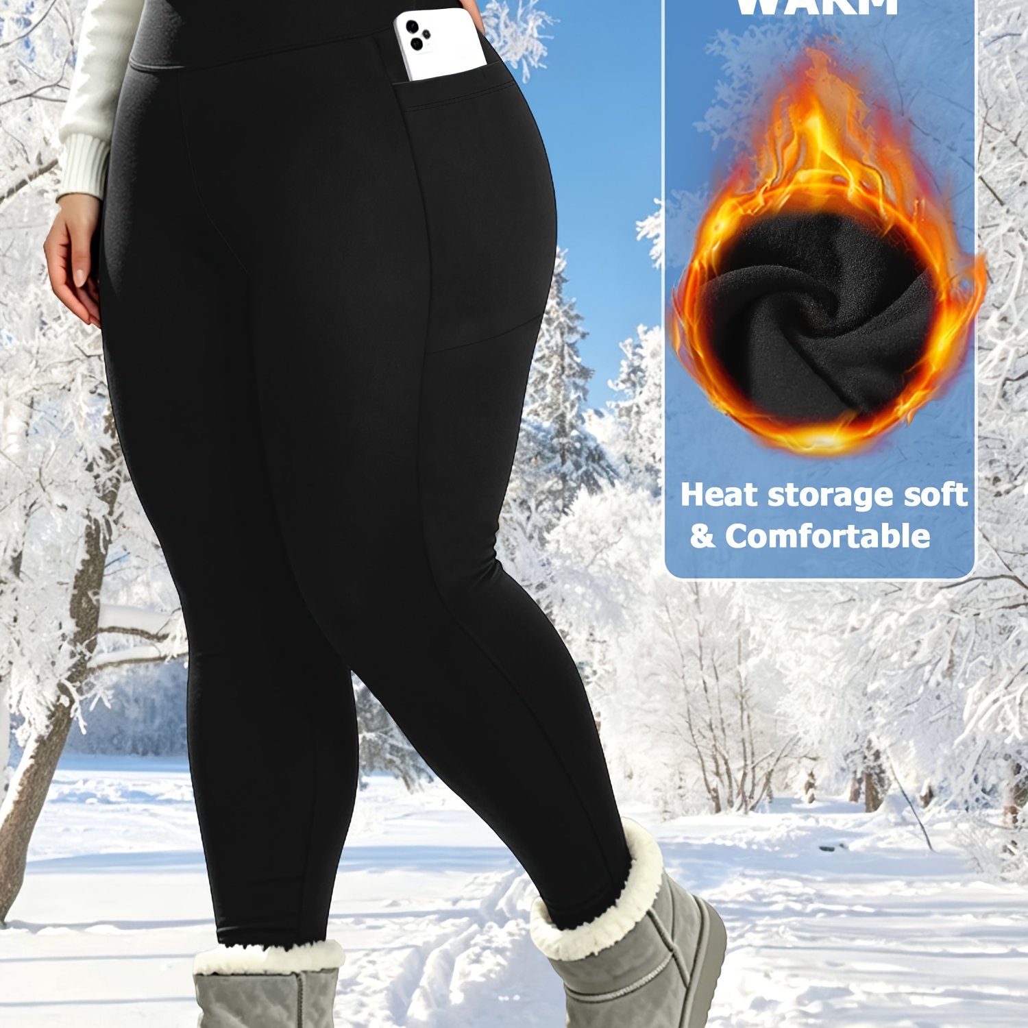 TEMU Plus-size Women's High-waist Pants With Tummy Control & Lifting - Warm Winter Workout Leggings, Side Compression Pants Suitable For Gym,
