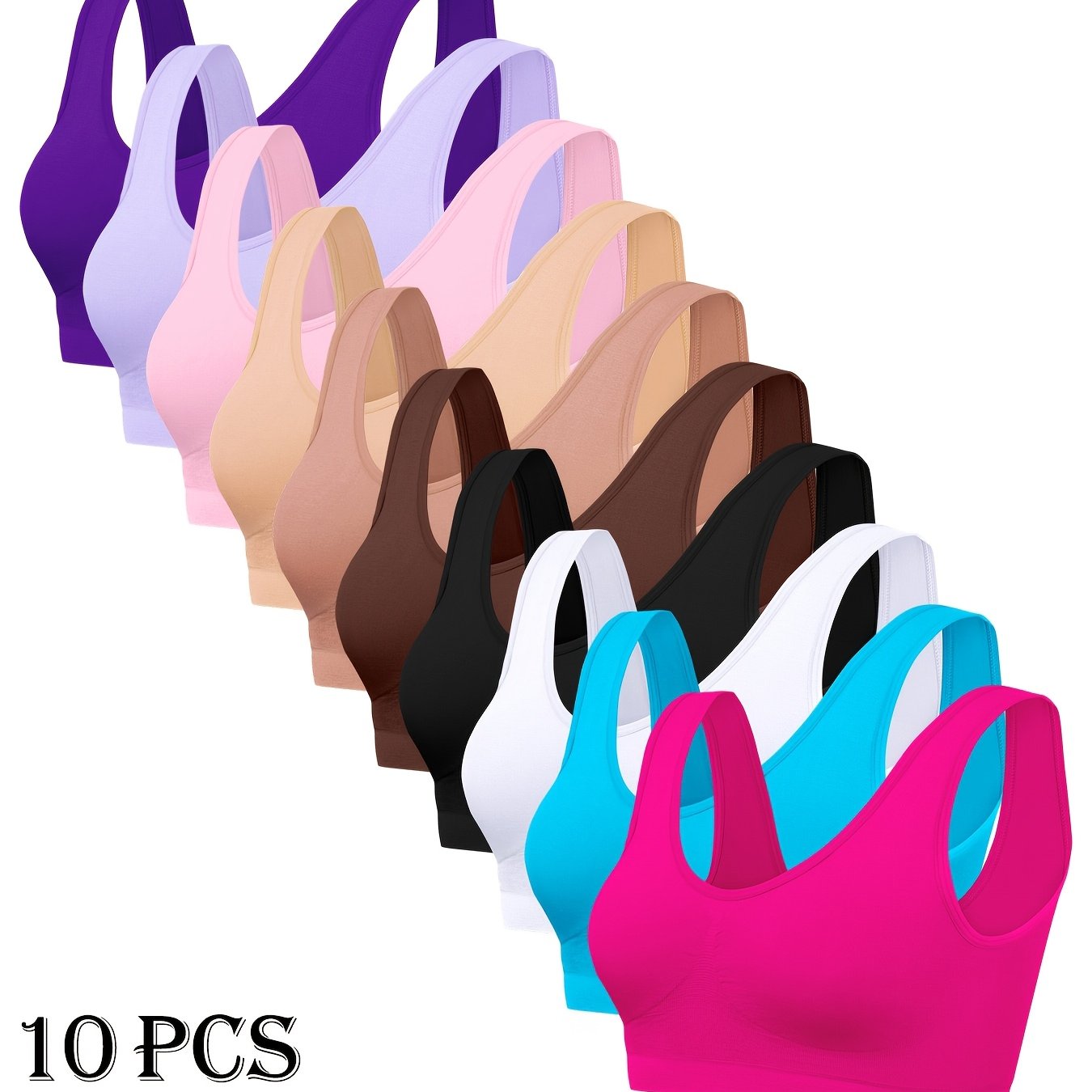 10pcs Women' Sports Bras, Polyamide & Elastane Knit Fabric, High Elasticity, Solid Color, No Padding, Lightweight Athletic Camis For Adults