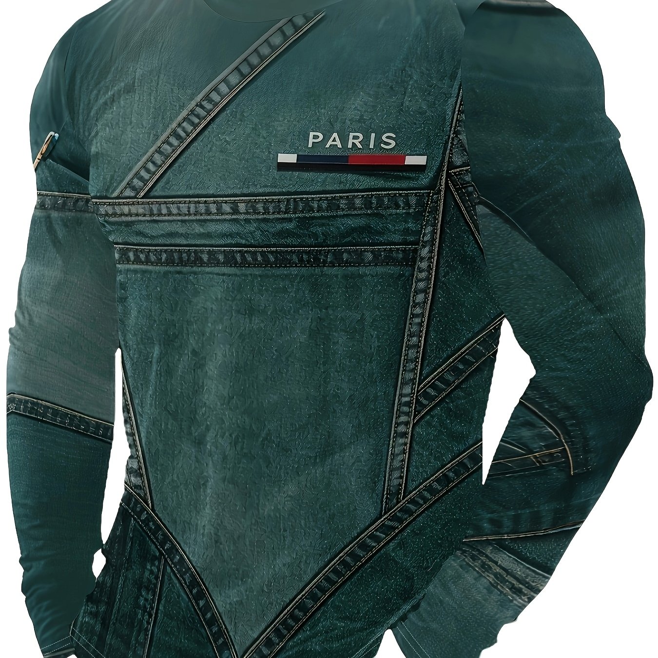 TEMU Printed Design Non-textured Men's Round Neck Long Sleeve T-shirt With Trendy Denim Design, Fashionable Casual Top, Street Style Base Shirt