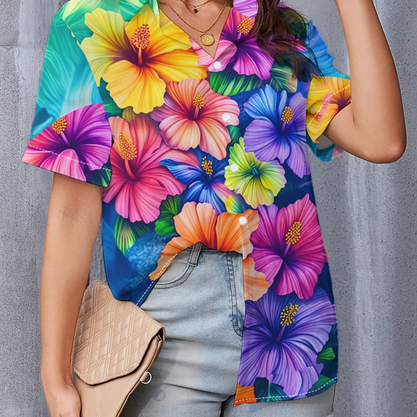 TEMU T-shirt à manches courtes pour femmes, nouveau style été, fabriqué avec un coupe régulière et des imprimés floraux colorés, parfait pour un look