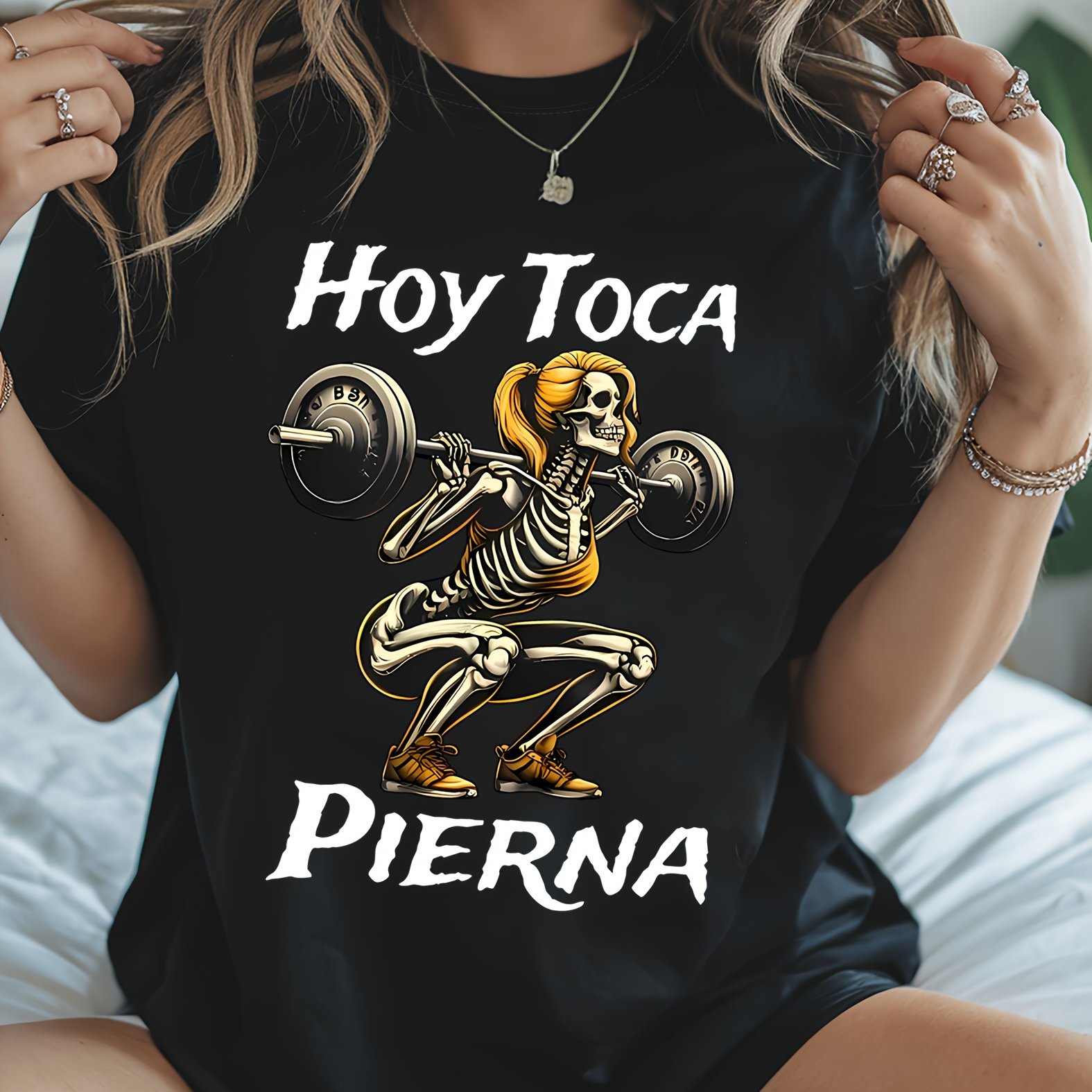TEMU Camiseta de moda con estampado de calavera española "Leg hoy", manga corta y cuello , top casual para verano y , ropa de mujer