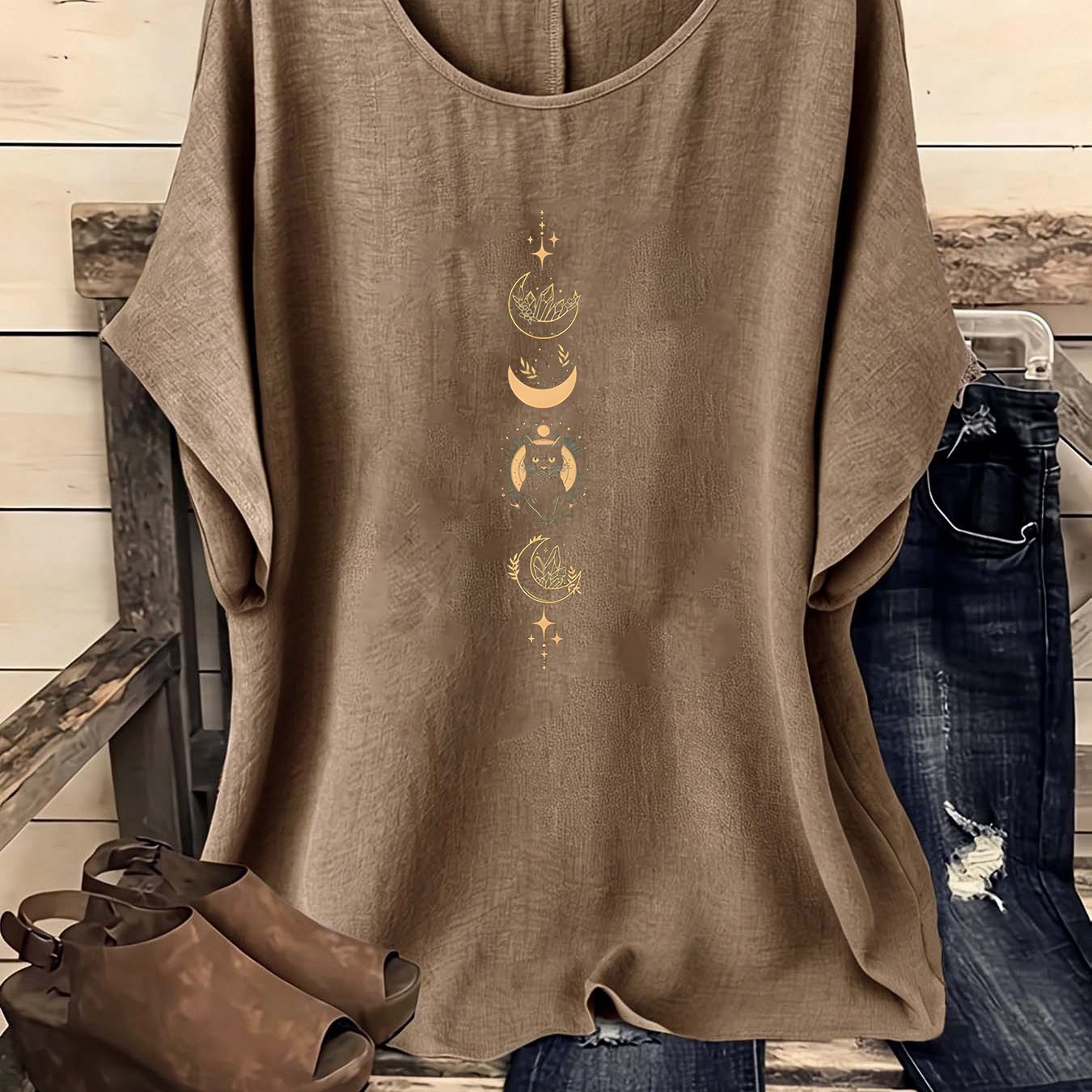TEMU European And Easy Bohemian Style Retro Round Neck Short-sleeved Shirt, One-piece Women's Shirt, Retro Women's Clothing, Women's Shirt, Spring,