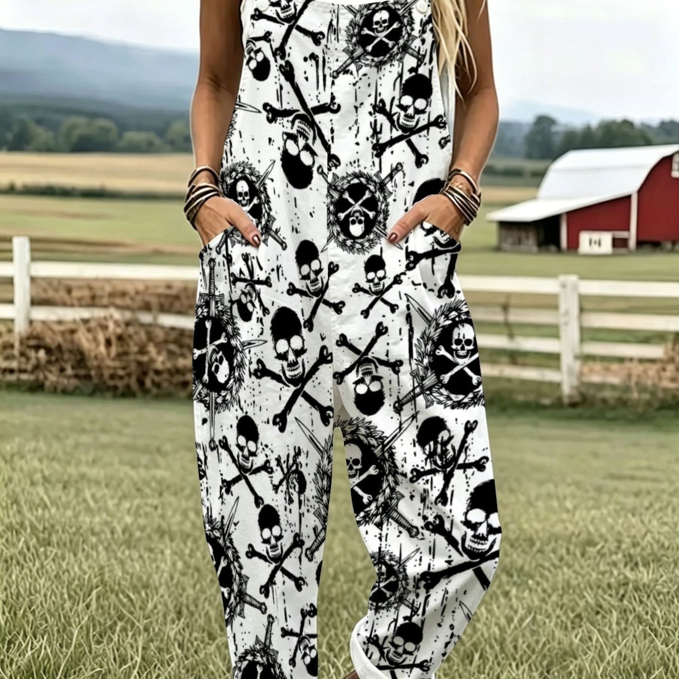 TEMU Halloween avec motif de crâne et de , style gothique, poche papillon, combinaison ample, pantalon décontracté à jambes droites