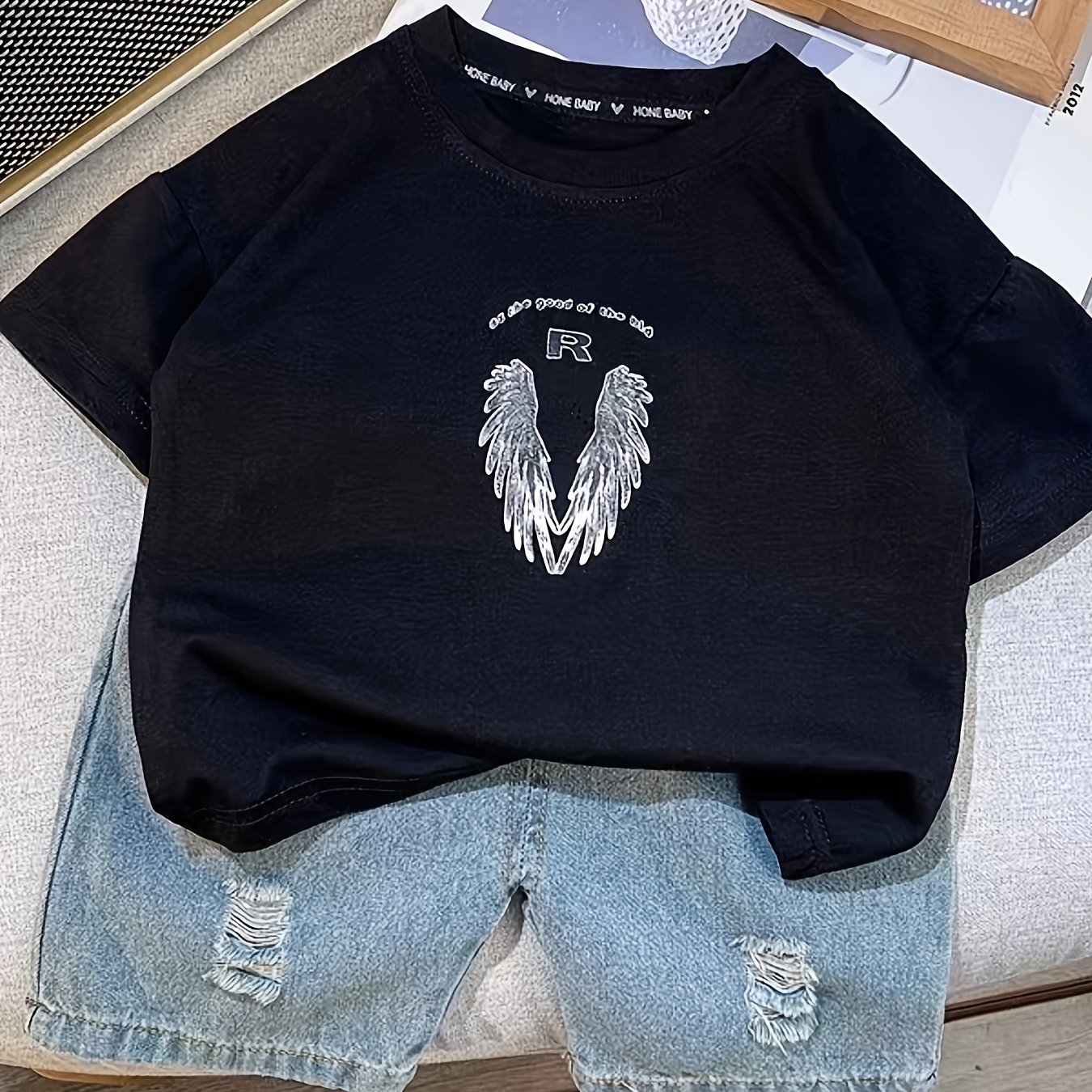 Image of Boys' Wings Short Sleeve + Denim Shorts Set, Fashionable Style By Boys, Gift For Kids, Perfect For Outdoor