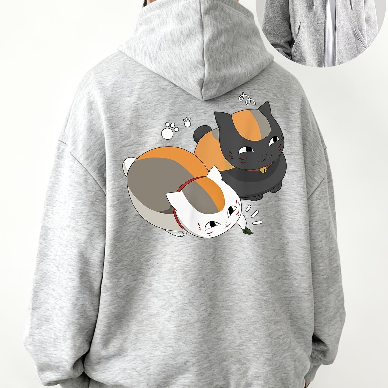 TEMU 【メンズ】オーバーサイズ 猫 ジルポ フード付きスウェットシャツ | ふわふわファー バックプリント、フルジップパーカー、快適な冬用セーター アニメファン向け、カジュアル＆ホームウェア (ブラック、キャラクターデザイン)