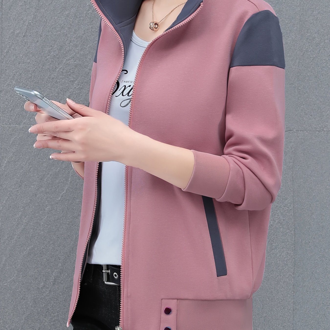 Image of 2025 New Women's Color-block Casual Jacket - With Pockets, Lapel Collar, Front Zipper, Machine Washable, Suitable For Autumn/winter Casual Wear, , Women's Sportswear Top Jacket