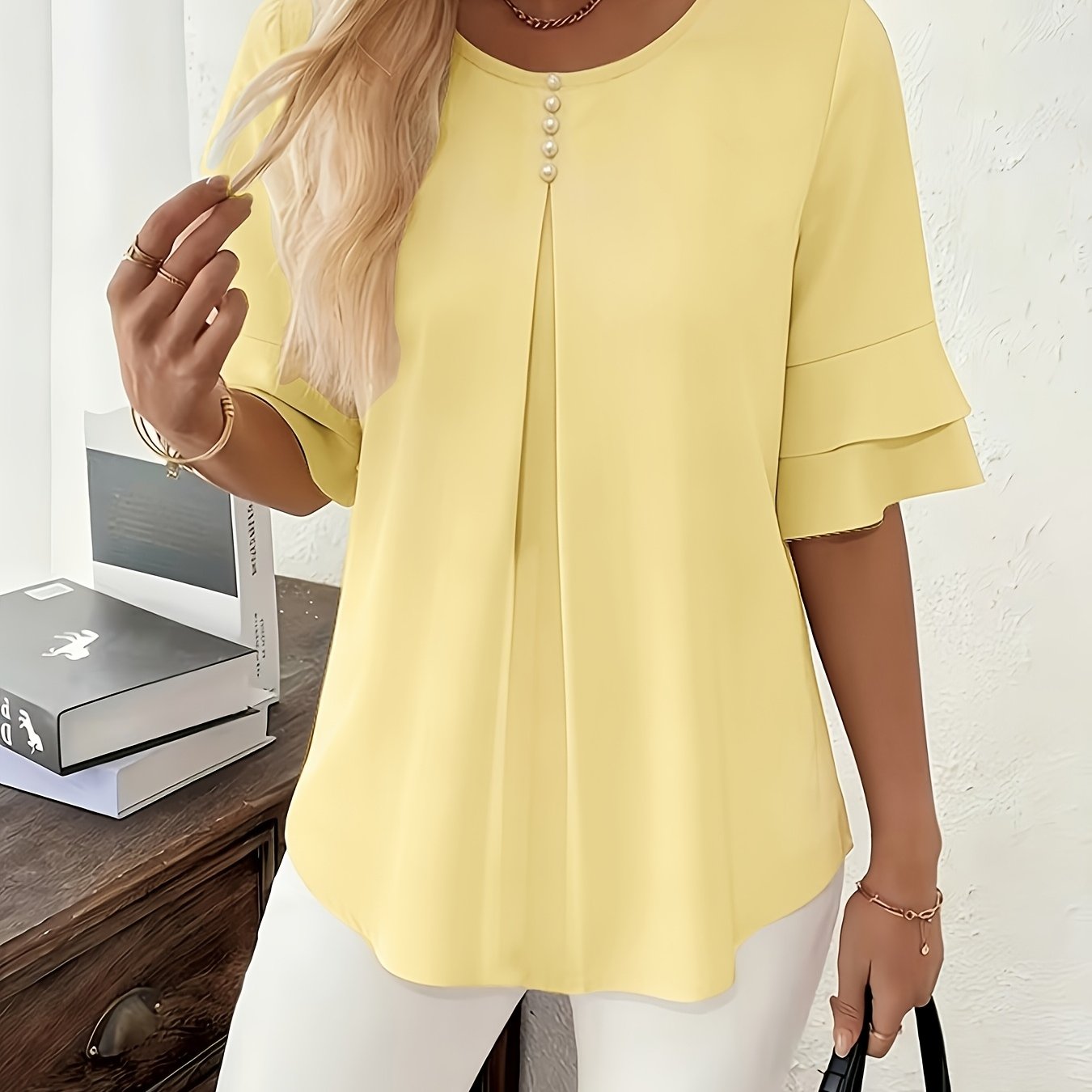 TEMU Elegant And Stylish Summer Loose-fit Solid Color Round Neck Button-up Shirt With Three-quarter Flared Sleeves And Top