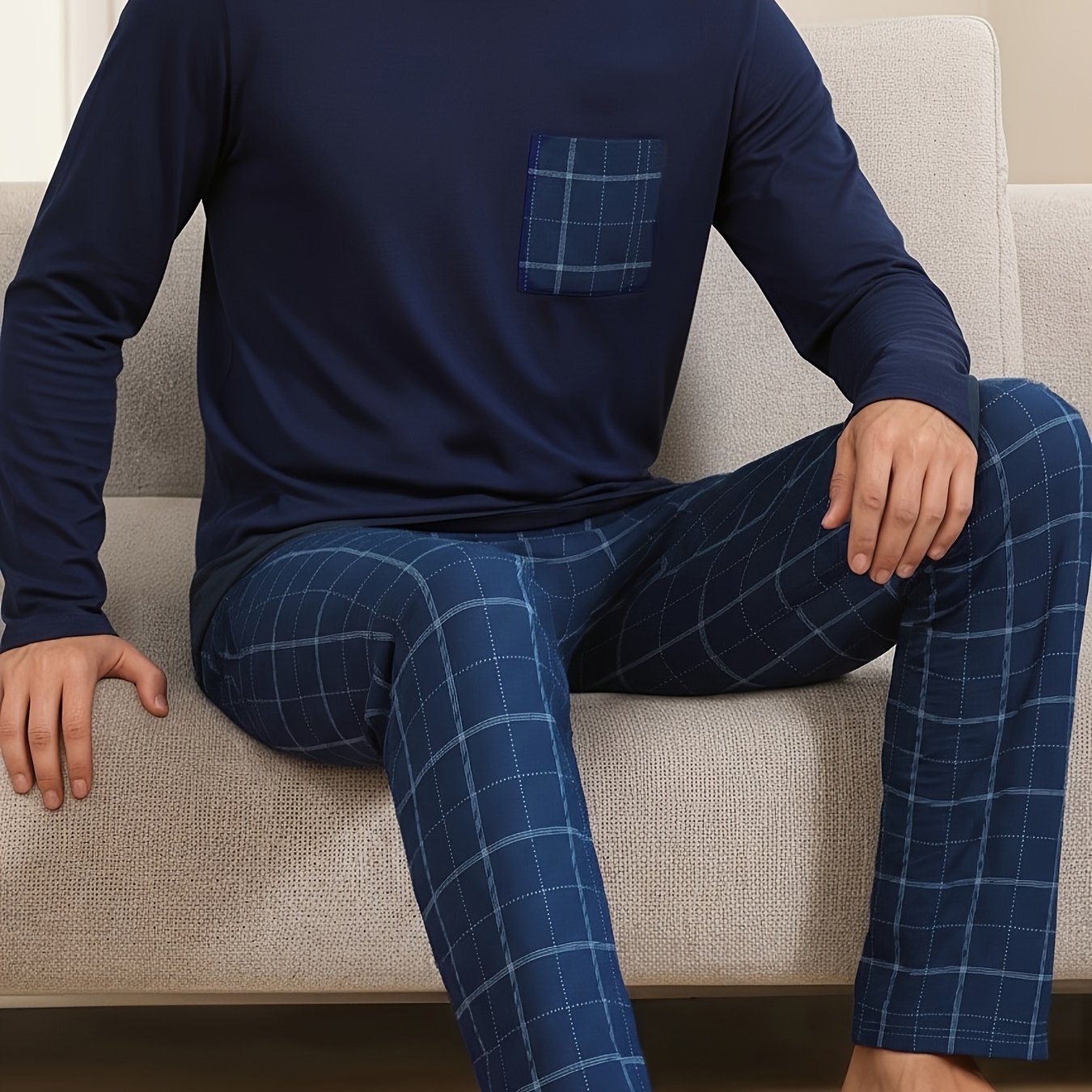 E-shop 2-teiliger Herren-Pyjama in Übergröße – Übergroßer Langarm-Winterschlafanzug, weiches T-Shirt & passende Hose, Nachthemd & bequeme, große
