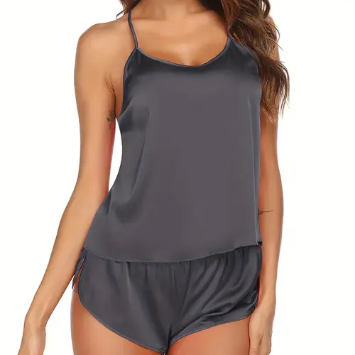 luxurious 2pcs pajamas set satin backless lingerie pjs cami top and shorts nightwear plus size lingerie for women sexy cami shorts set drawstring shoulder straps lounge sets soft and lightweight pajamas satin pjs shorts
