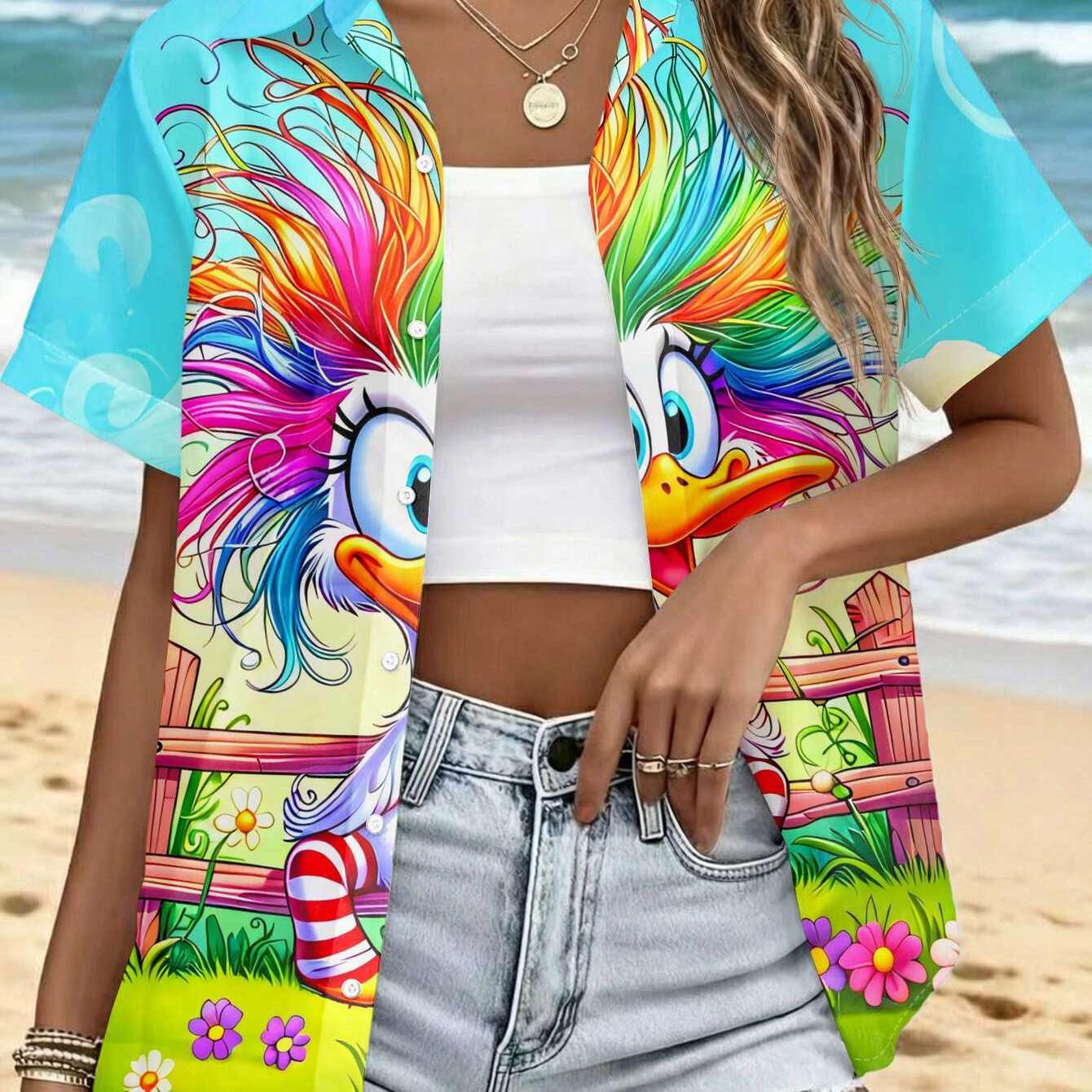 TEMU New Women's Short Sleeve Shirt With Colorful Duck Squatting On A Lawn Full Of Flowers, Flat Print Design, Casual Commuter Top, Machine Washable,