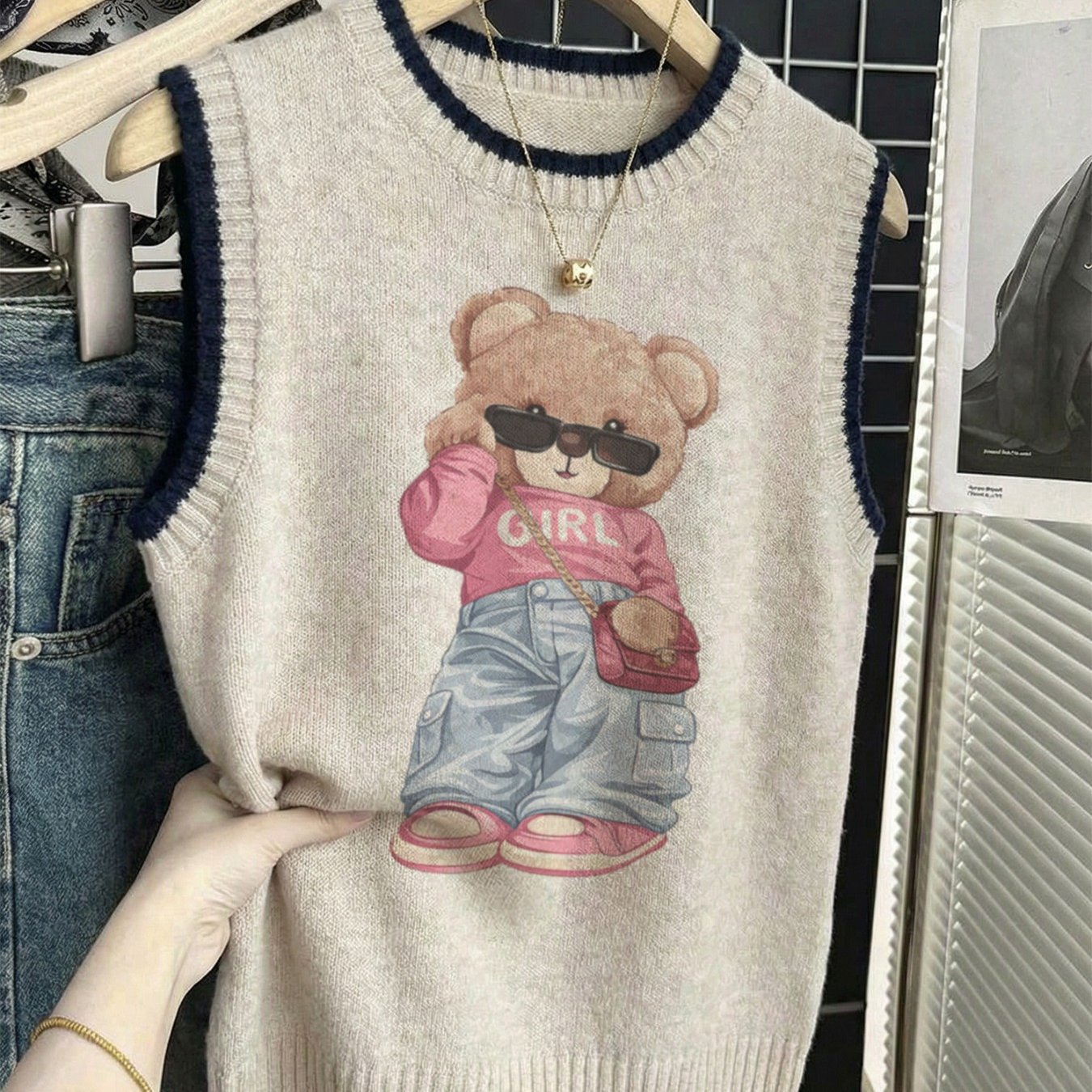 TEMU Summer Women's Lightweight Pullover Vest - 2d - Bear Pattern, Suitable For Spring, Summer, Autumn, And Winter, Elegant Versatile Bohemian Style