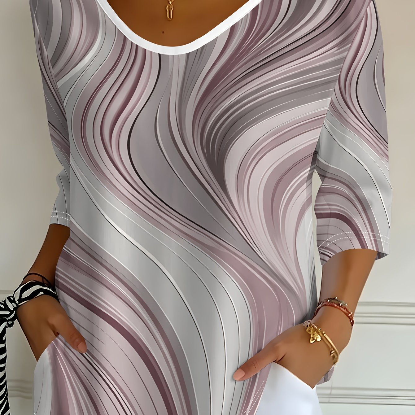 TEMU Women's Dusty Pink Flowing Abstract Print V-neck Three-quarter Sleeve T-shirt, Spring Autumn Casual Top