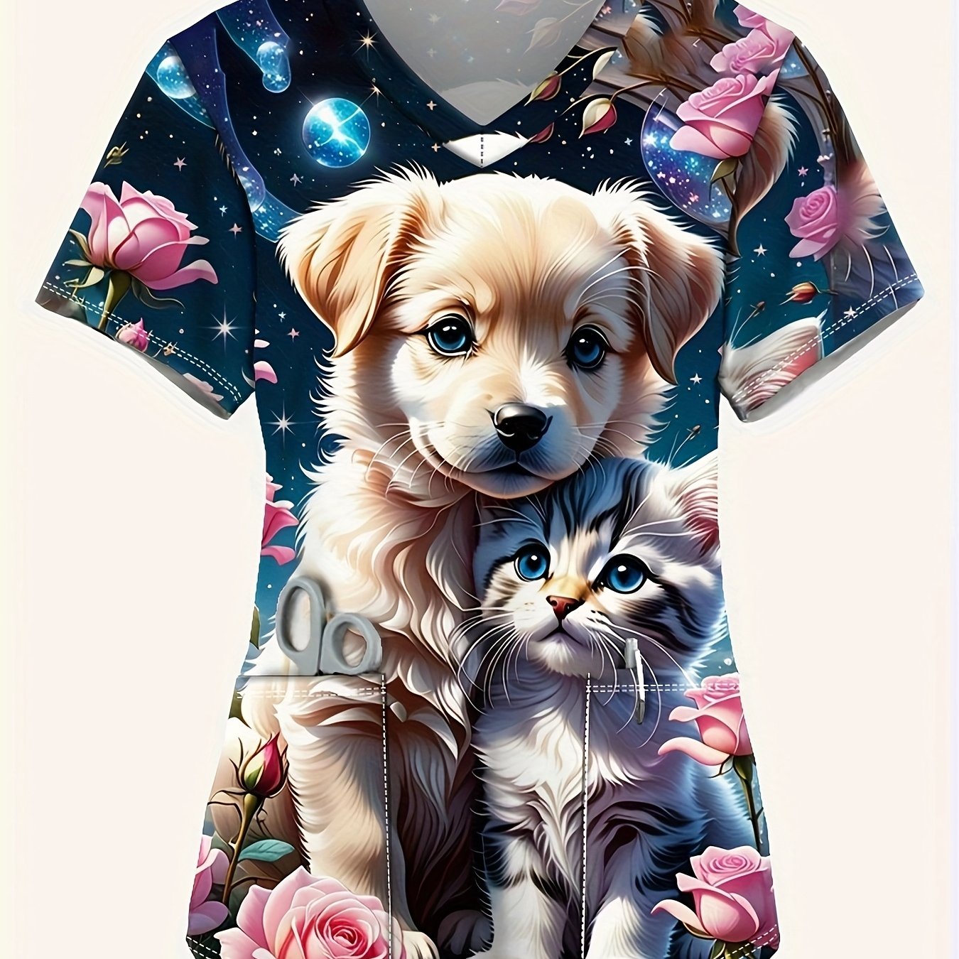 TEMU Plus Size, Women's V-neck Short-sleeve Top With Cute Puppy And Kitten Prints, Side Pockets - Lightweight Nurse Uniform Or Casual Shirt, Nurse