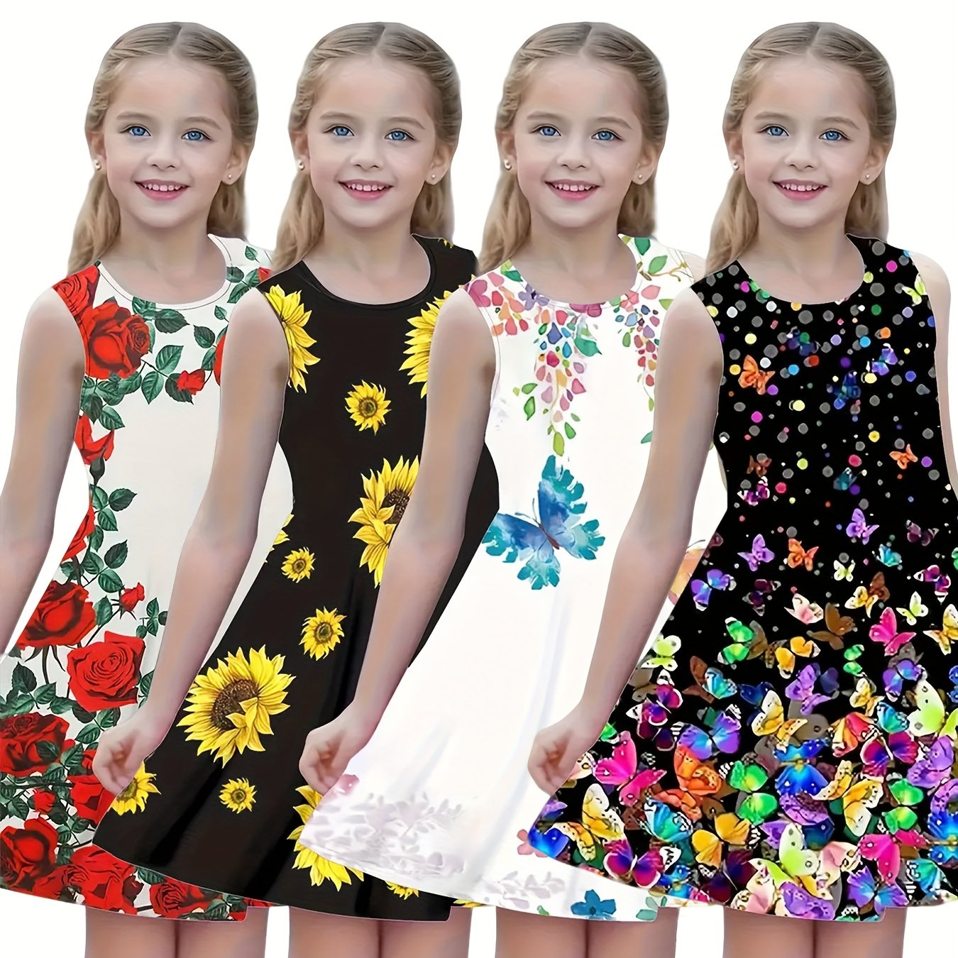 TEMU 4pcs Set Girls' Casual Dress Sleeveless Summer Comfortable Cool Dress Cartoon Cute Girl Floral And Print