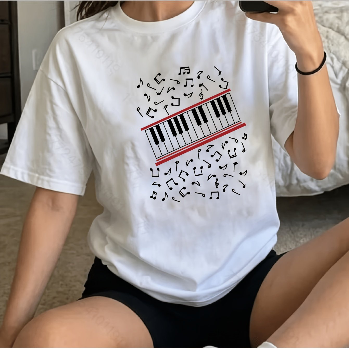 TEMU T-shirt Imprimé Piano, Haut Décontracté Col Rond Manches Courtes, Idéal pour de la Musique