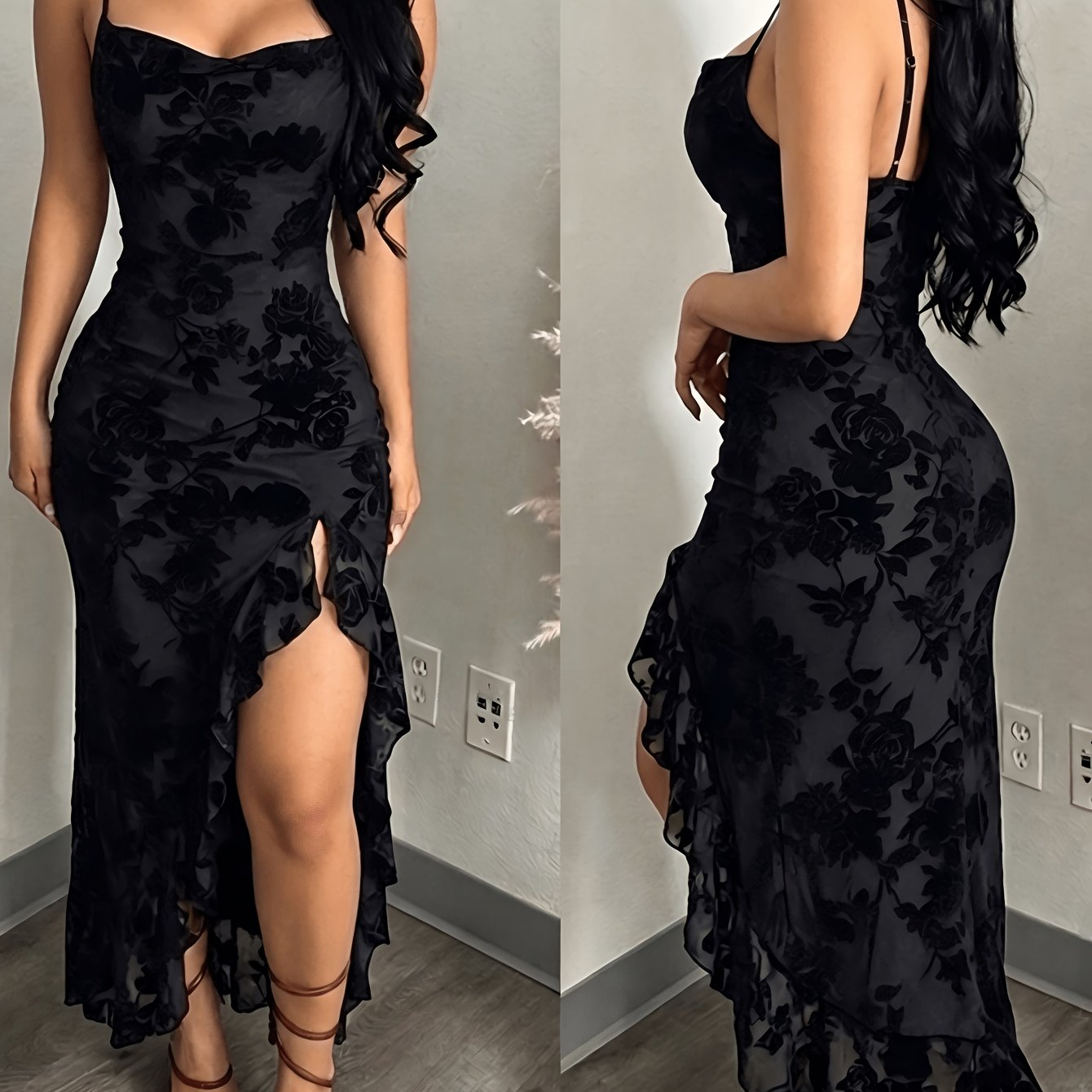 TEMU Spaghetti Strap Side-slit Fishtail Dress Women's Evening Gown Long Dress Print With Mesh Fabric, Exuding Retro Vibe; Spaghetti Straps And
