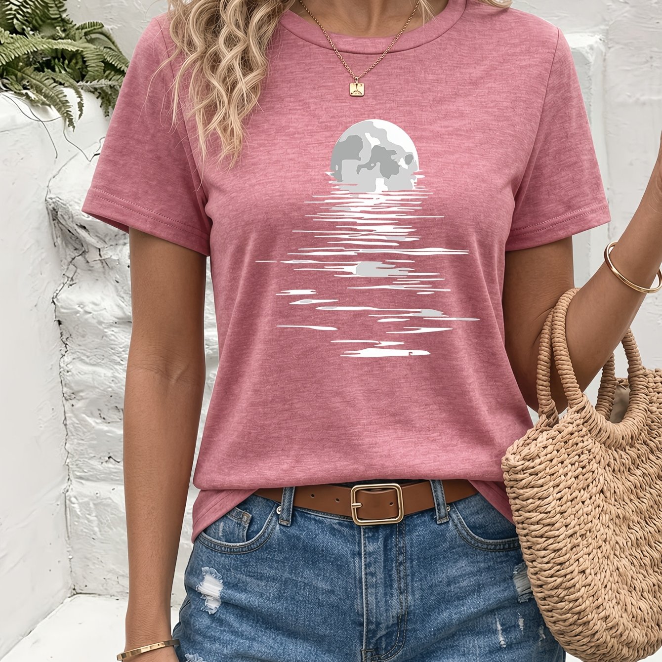 TEMU Reflection Pattern Printed Crew Neck T-shirt, Soft And Comfortable, Summer Round Neck Fashion Tee, Casual