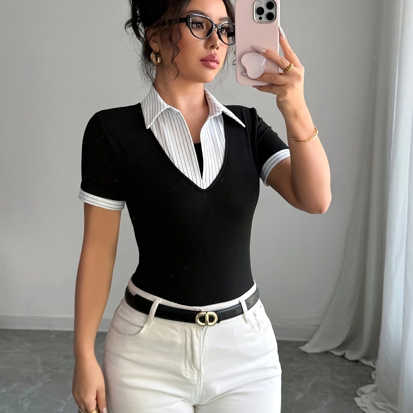 E-shop Stylisches und elegantes Damen-T-Shirt mit 2-in-1-Print und Patchwork-Muster, Kurzarm