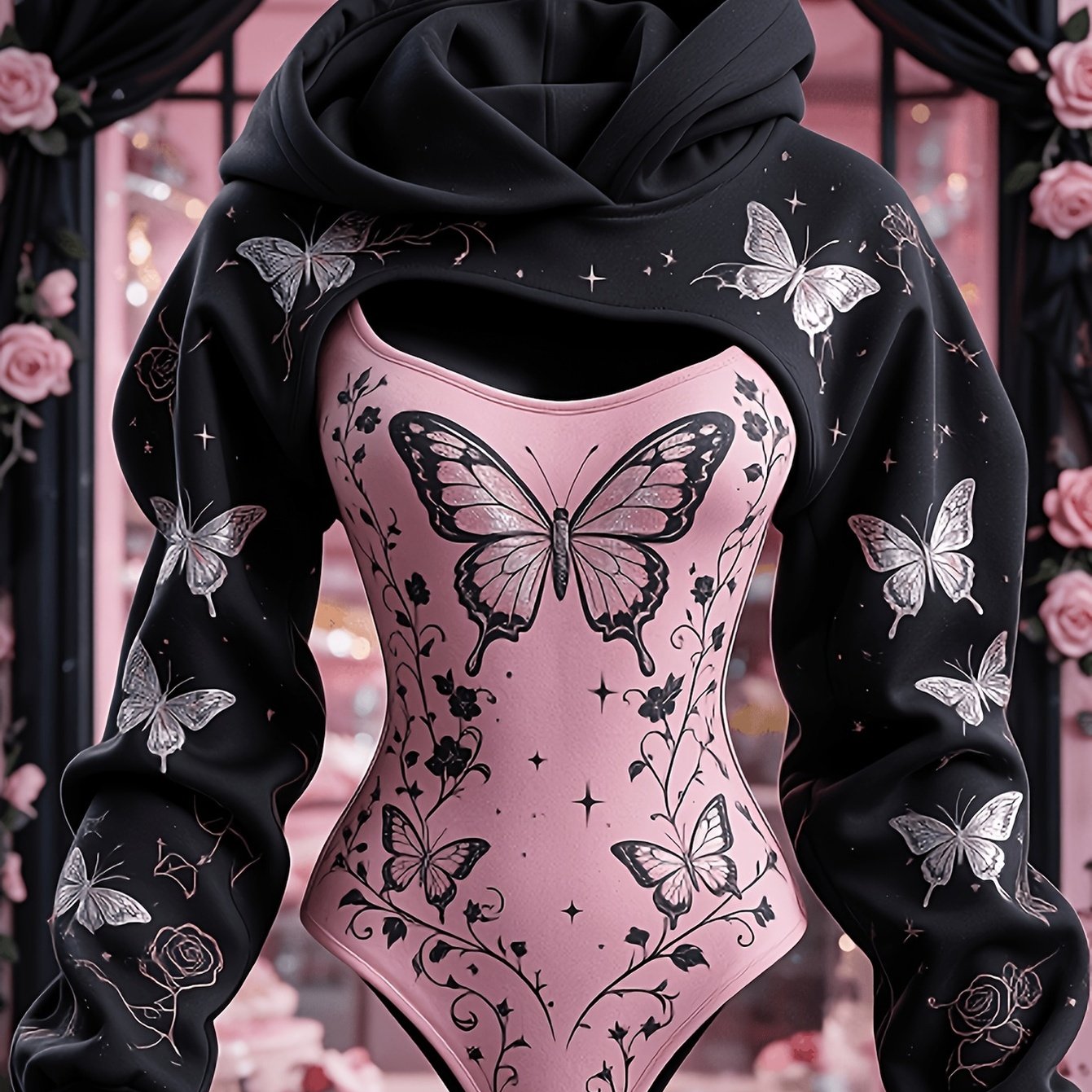 Image of Women's Gothic Two-piece Set, Long-sleeve Hooded Cropped Jumpsuit Outfit, Rose Floral Print, Soft And Slim-fit, Autumn Halloween Party Costume Hooded Jumpsuit Top