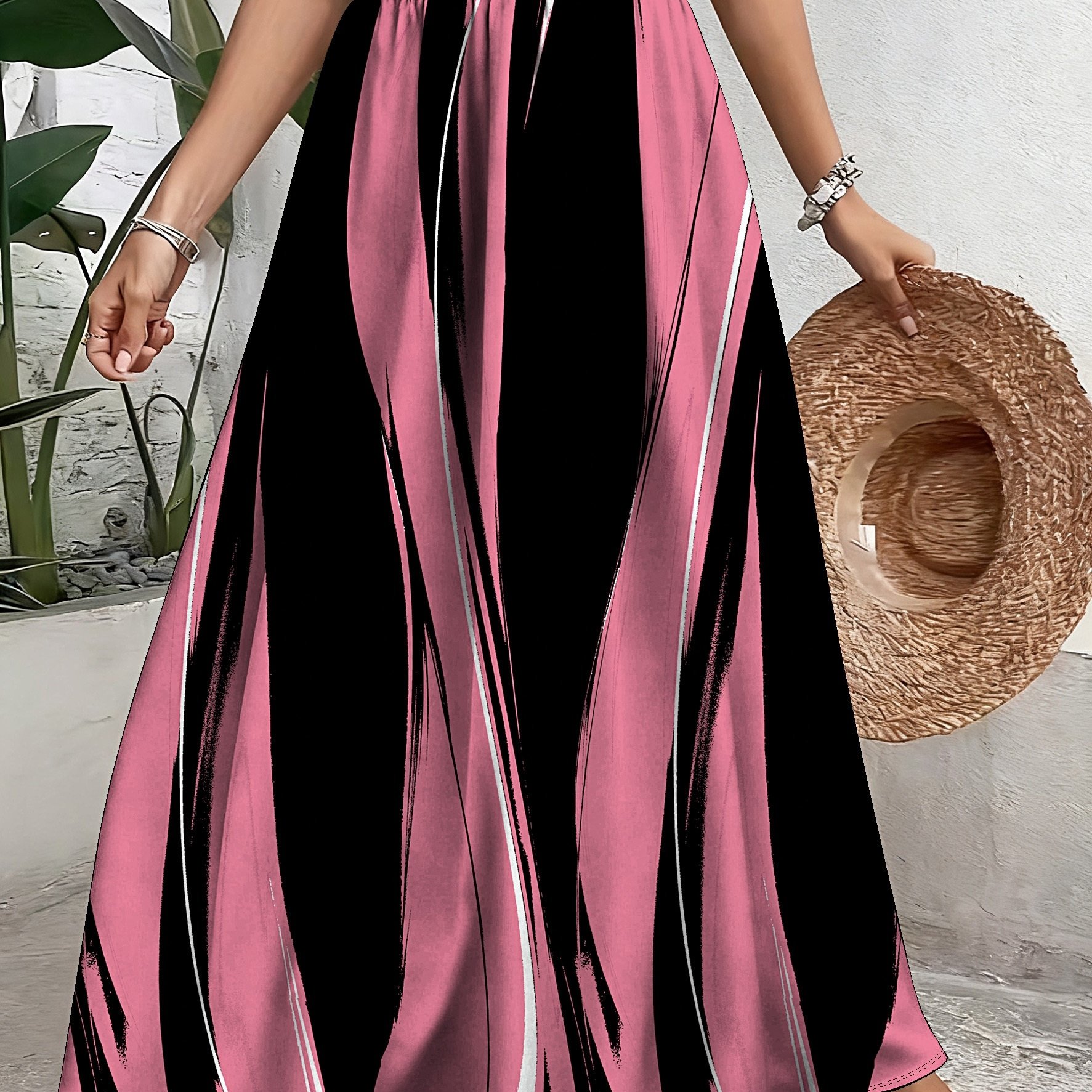 TEMU Plus Size, Elegant Geometric Print Polyester Skirt - Casual A-line, Non-stretch Fabric, With Elastic Waistband And Hem, Machine Washable - Wear
