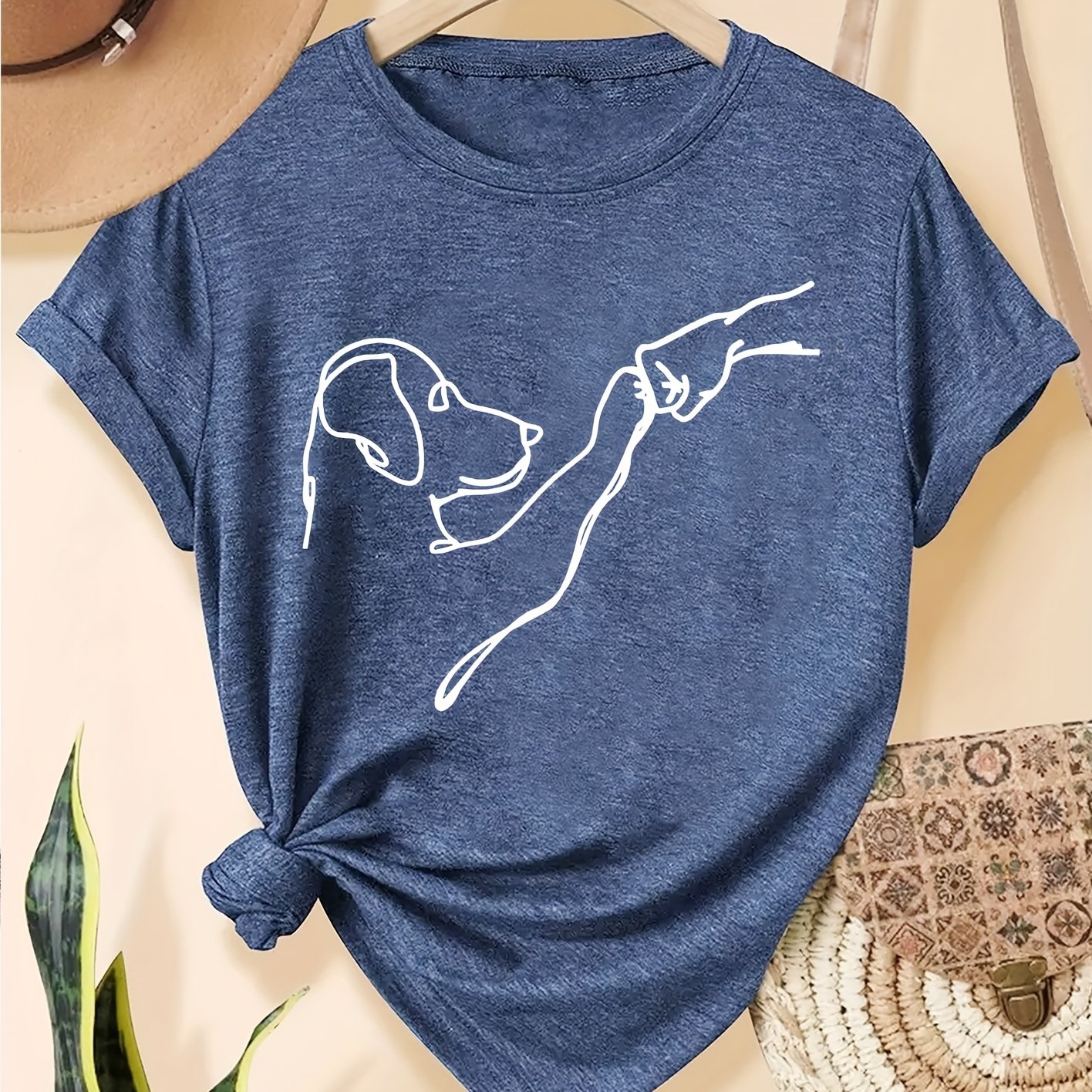 TEMU Women's Casual Retro Graphic T-shirt - Dog Print, Relaxed Fit, Fabric, Round Neck, Machine Washable, , Dog Tshirt, Comfortable Clothing, ,