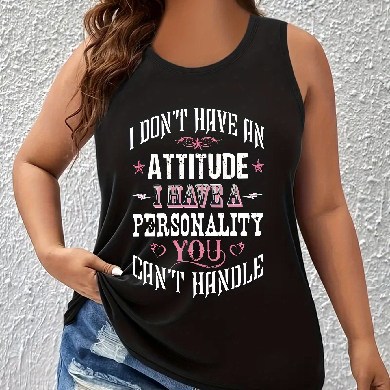 TEMU Plus Size - Plus Size - Letter Print Plus Size Fashion Round Neck Vest, Women's Sleeveless Tank Top