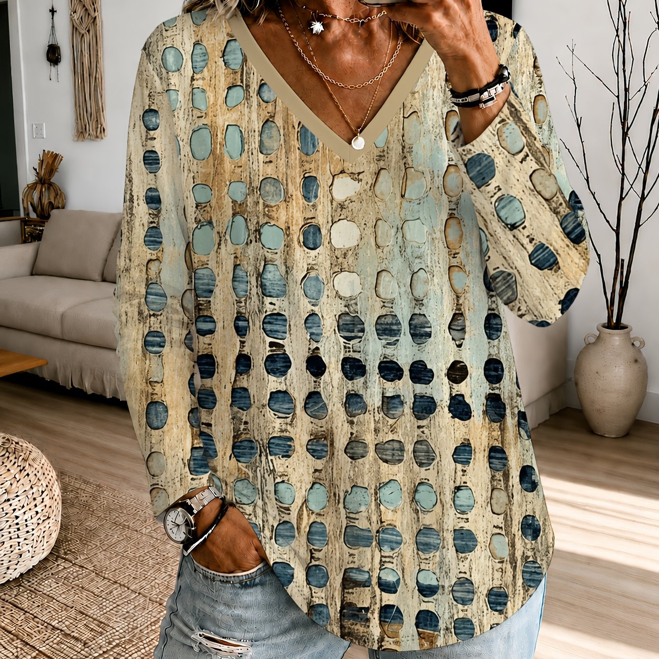 TEMU Plus Size, New Arrival Plus Size Women's Apparel: Irregular Cobblestone Abstract Elegant Pattern Print T-shirt, Plus Size V-neck Long Sleeve