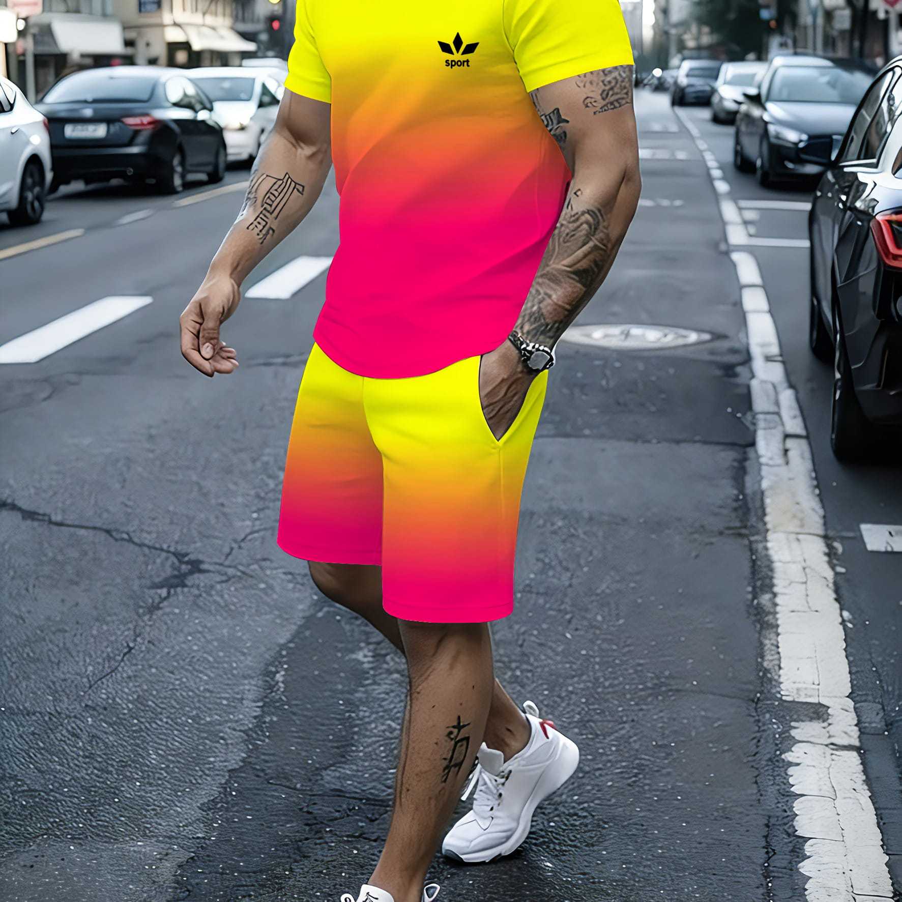 TEMU Men's Athletic Round Neck Short Sleeve Top And Shorts Set, 3d Home Summer Outfit, Cool And Breathable, Outdoor