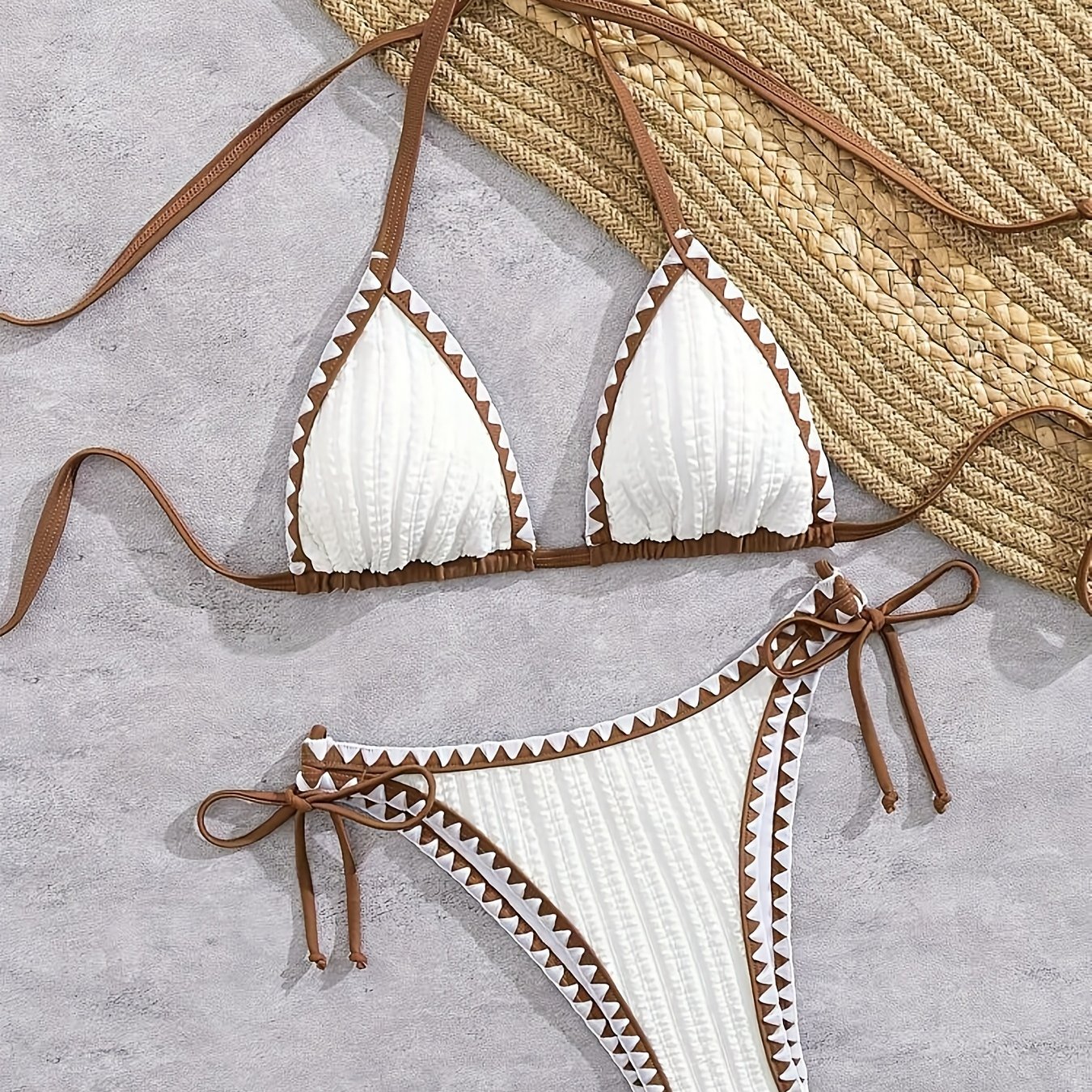 TEMU Women's 2pcs Swimsuit, Simple And Elegant, White Textured Fabric, Crochet Design Without Underwire, Tie Closure, Suitable For Spring, Summer,