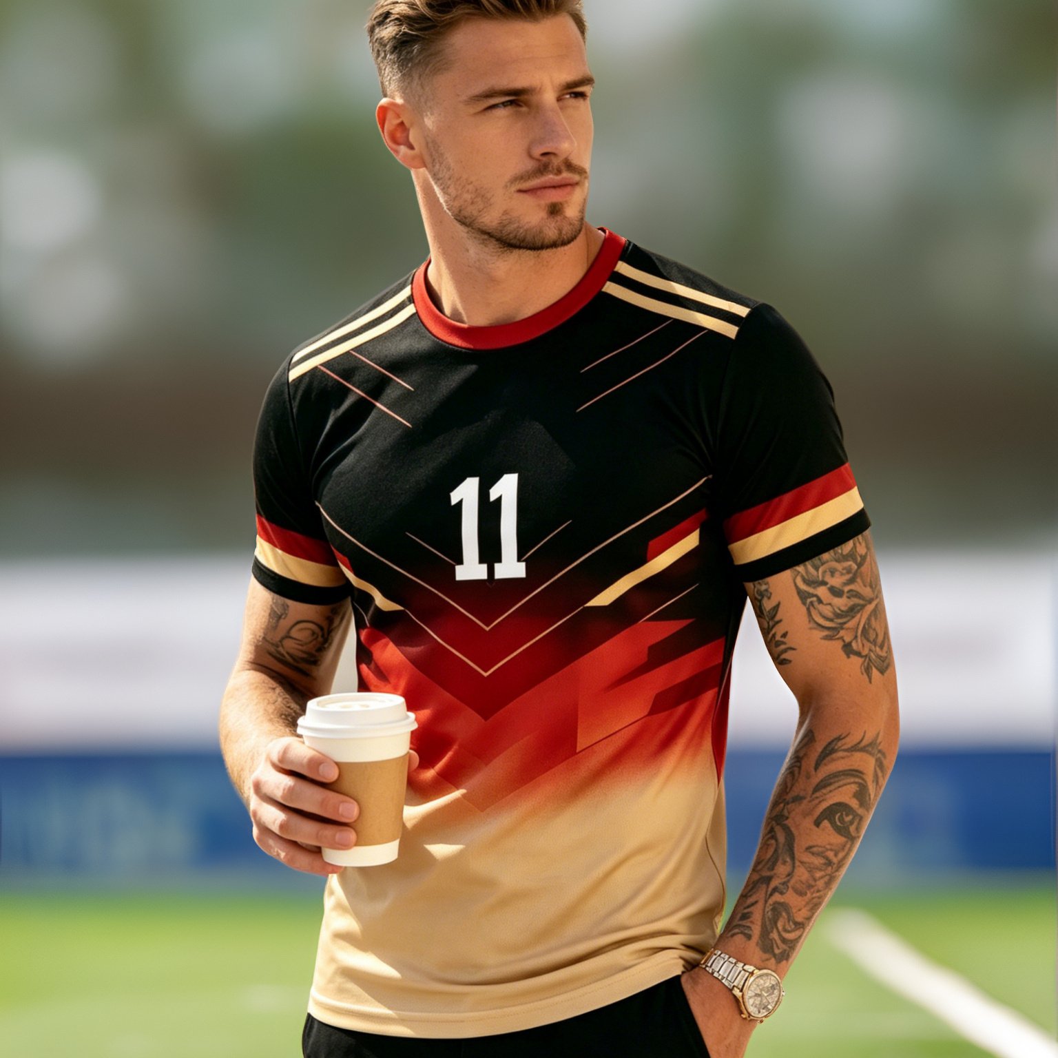 TEMU Summer Men's German No. 11 Gradient Print Jersey - Trendy Round Neck Casual Versatile Sports Streetwear Daily Outfit, Lightweight, Breathable,